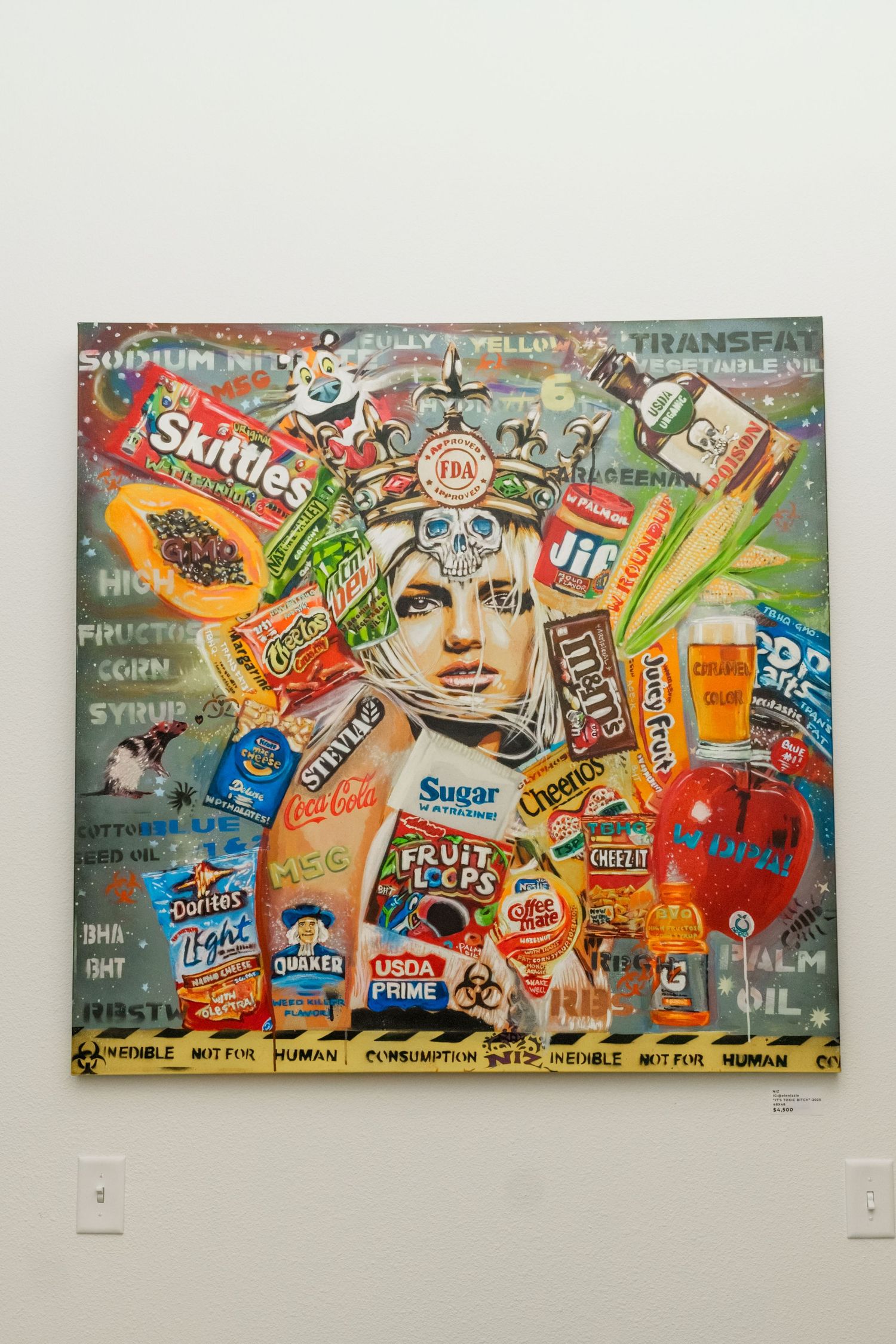 Mixed media pop art painting featuring consumer brands and food products with social commentary.