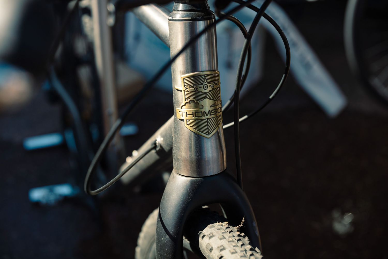 Detail shot of a titanium bicycle head tube featuring an embossed brand logo badge.