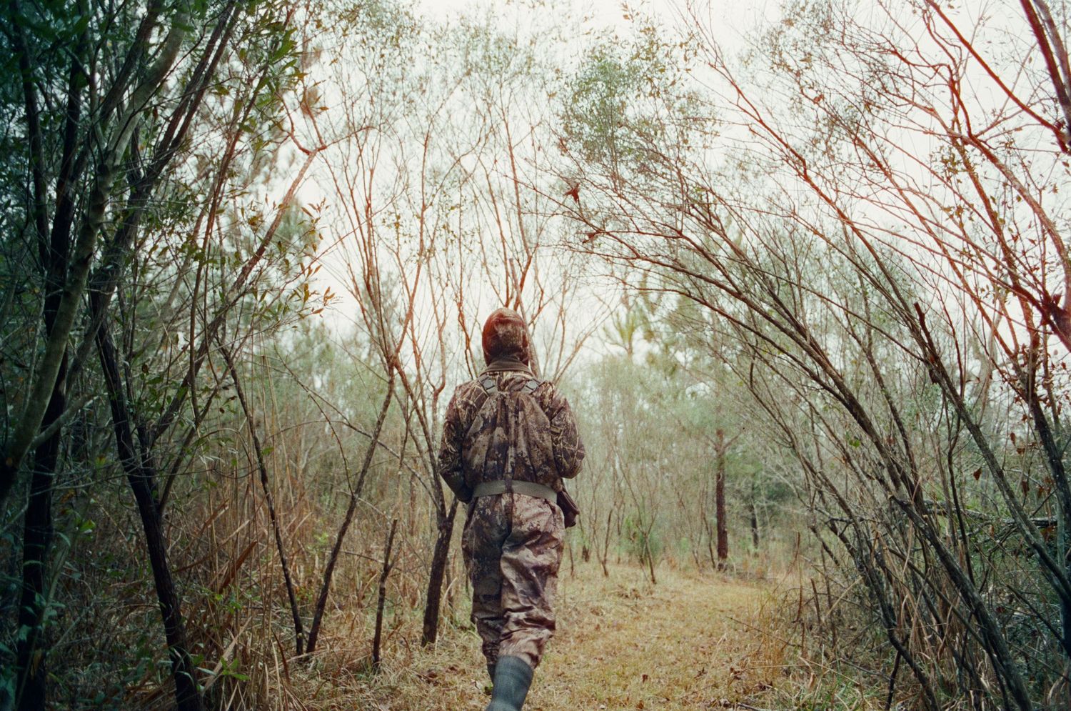 Hunter in camouflage walking along a misty forest trail surrounded by bare trees.