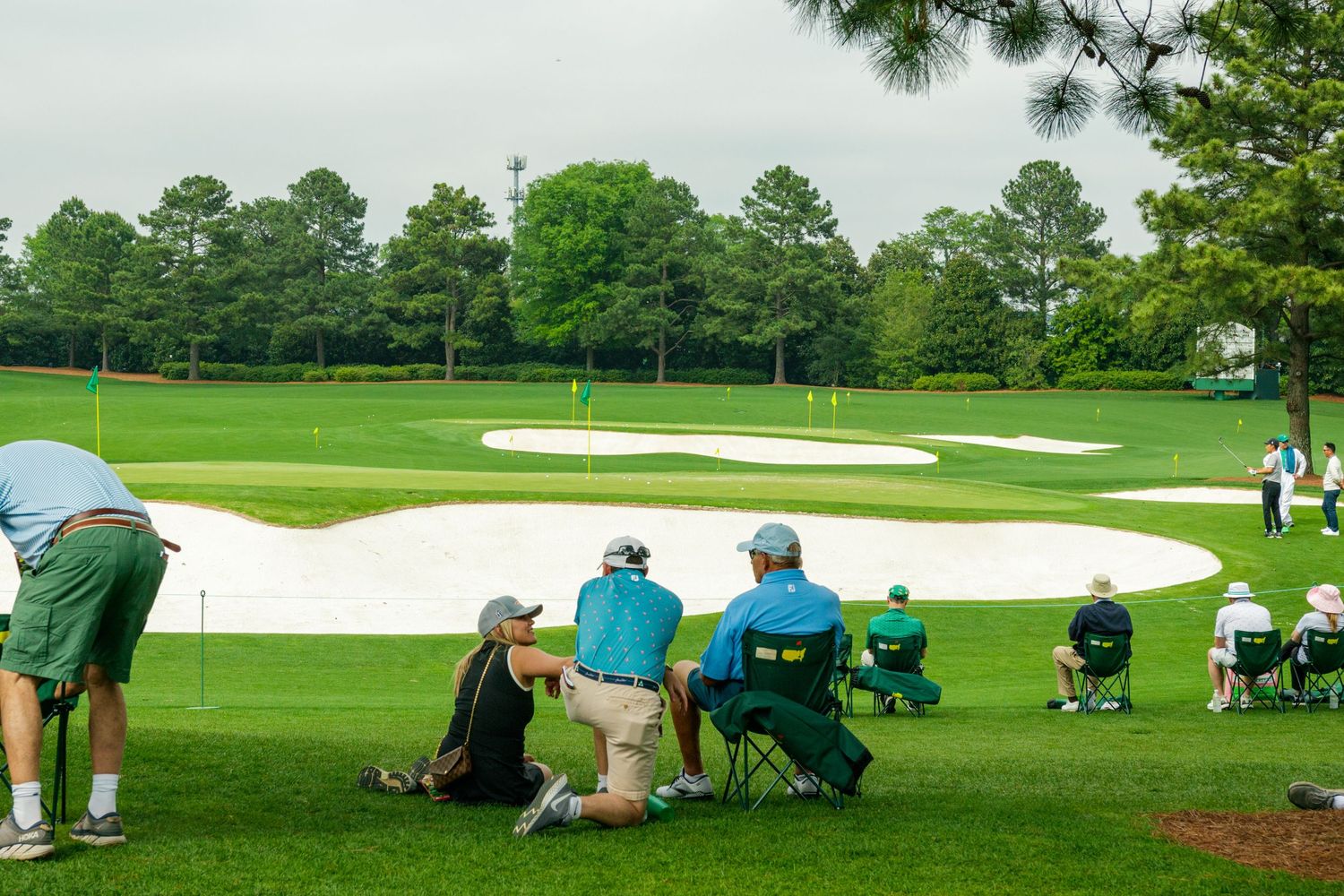Spectators watching golfers on a lush green golf course with sand bunkers and tall pine trees in the background.