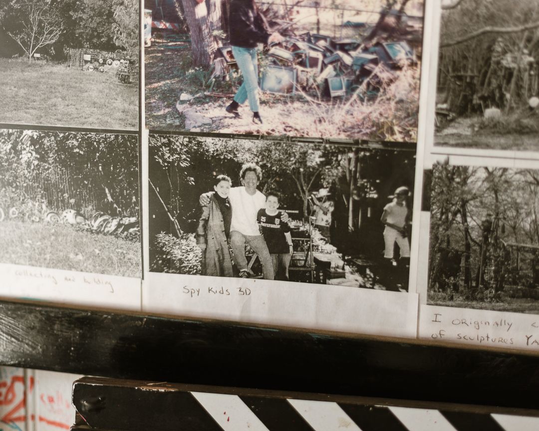 Vintage black and white photo collage showing people outdoors with handwritten captions on aged paper.