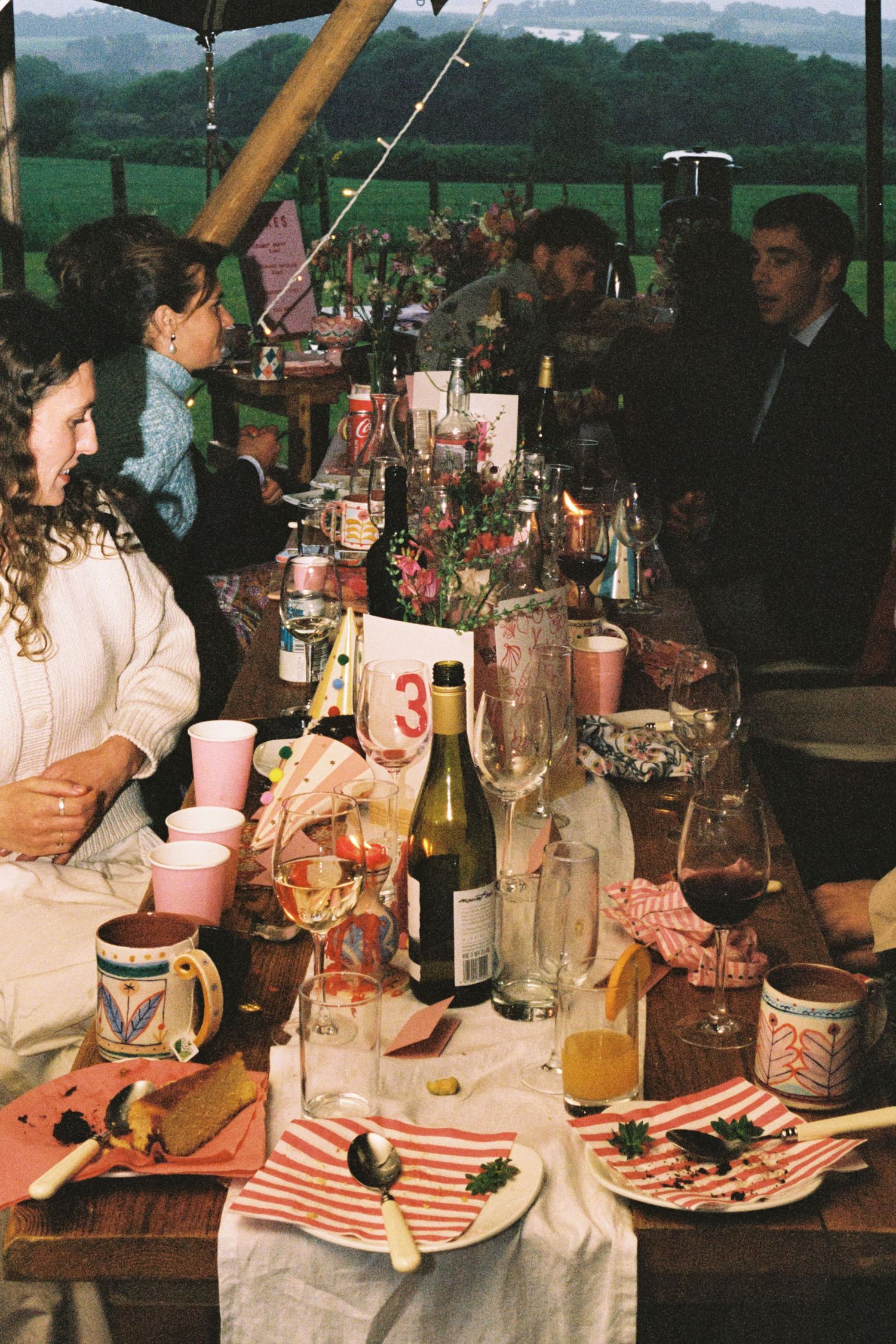 Guests gathered around a long decorated table at an outdoor wedding reception under a tent, with wine bottles and floral centerpieces.