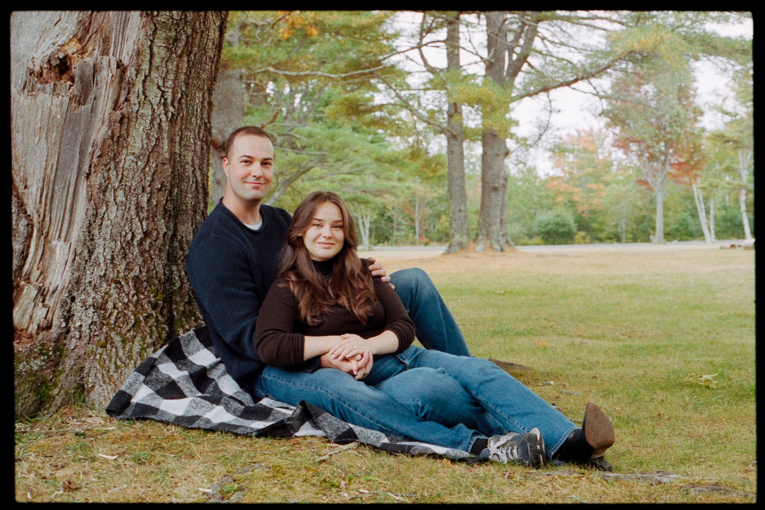 Couple sitting together against a large tree trunk in a lush green park during autumn season.