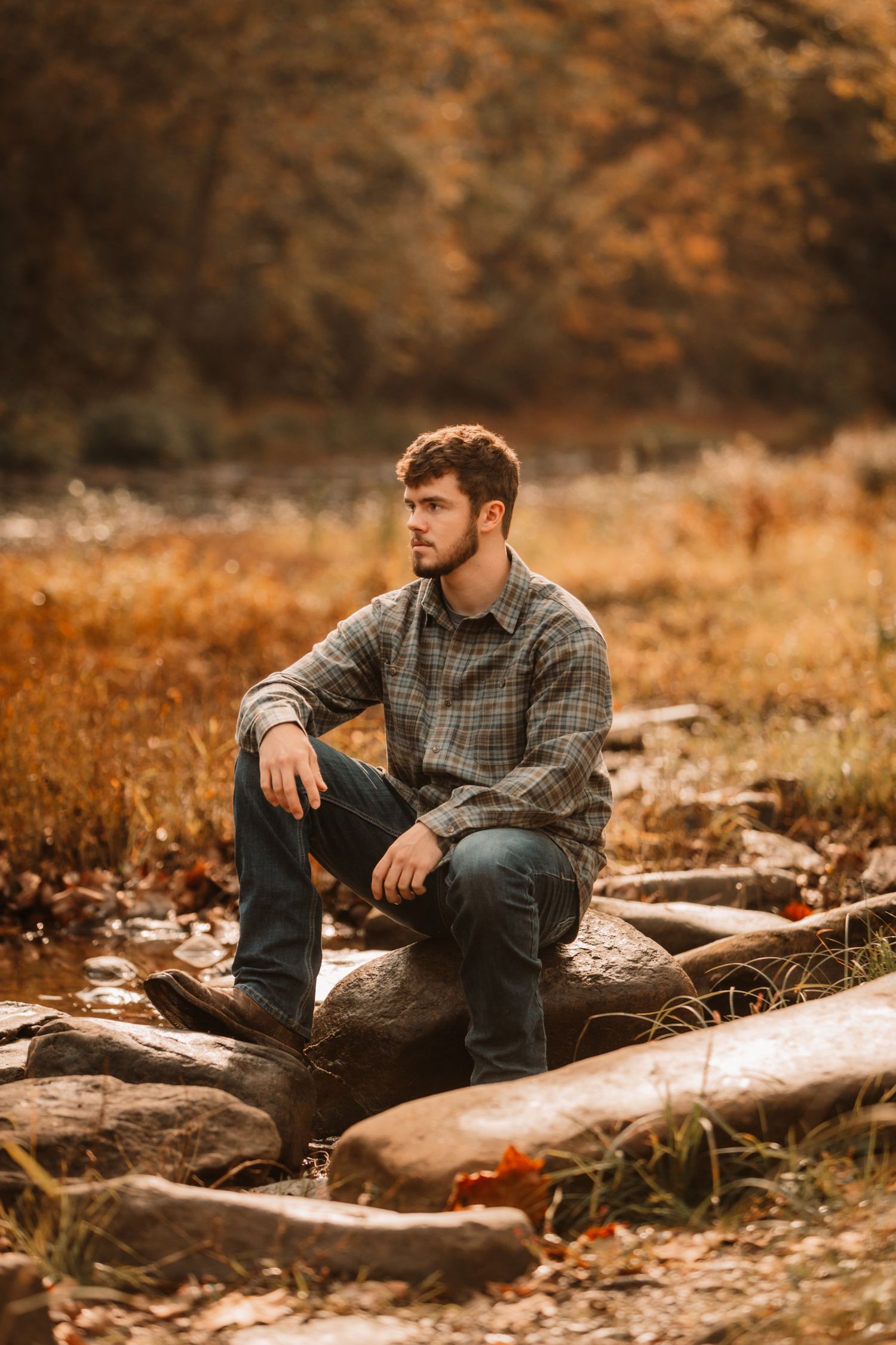 Person in plaid flannel shirt sits thoughtfully on fallen logs in autumn forest with warm orange tones.