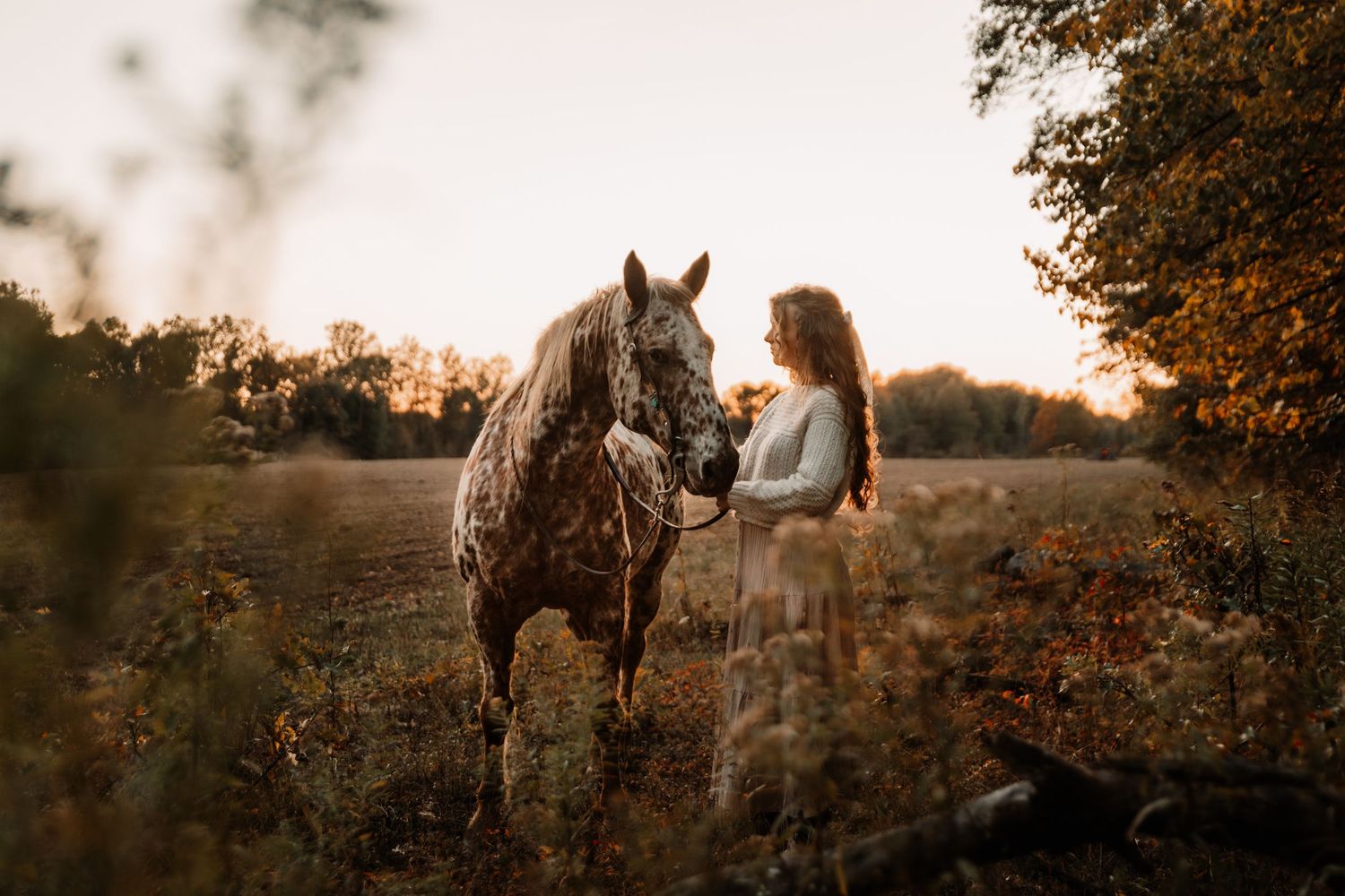 A woman in a flowing dress stands with her horse in a misty golden field at sunset.