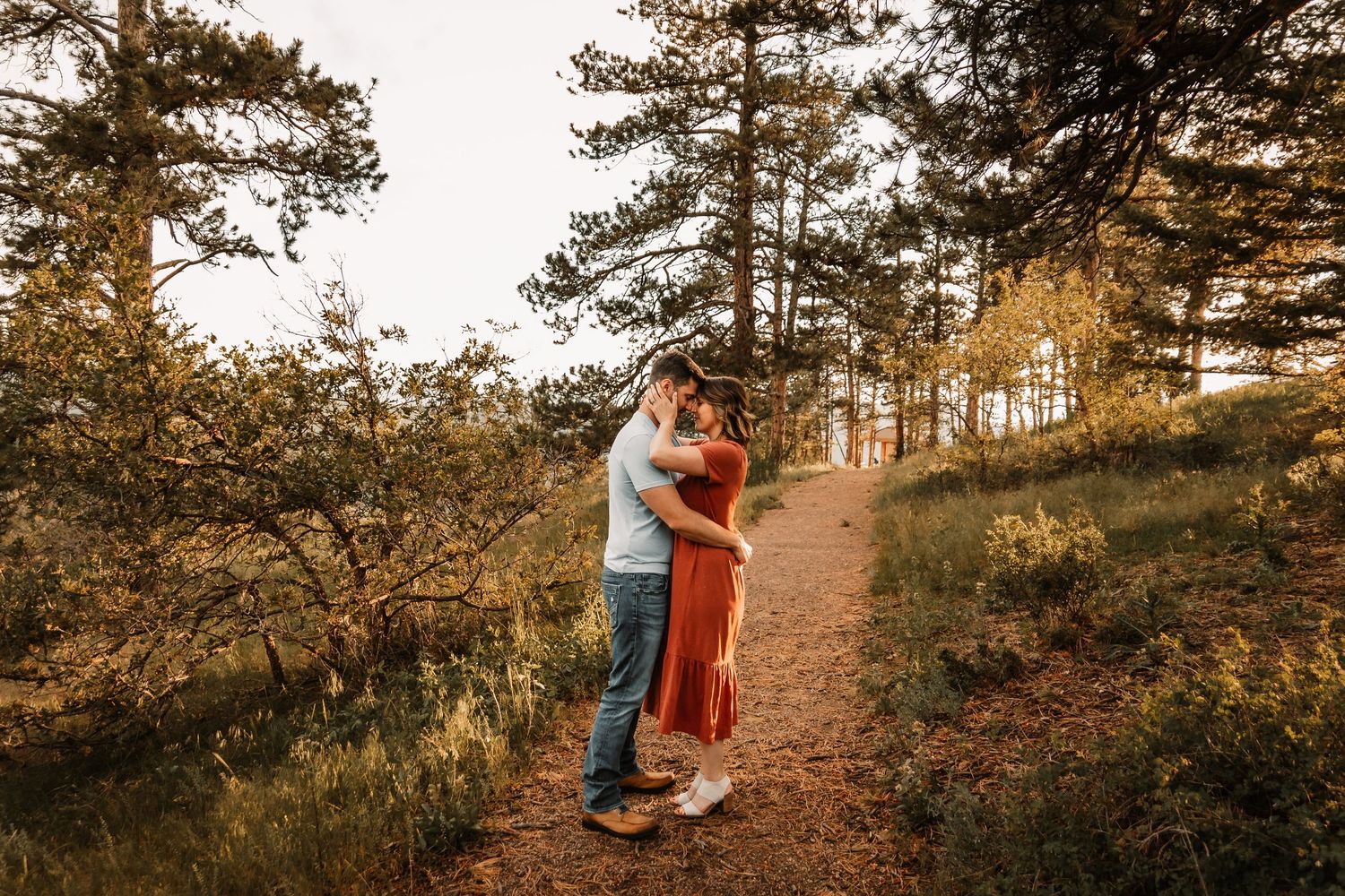 A couple embraces on a sunlit forest trail during golden hour, surrounded by tall pine trees and autumn foliage.