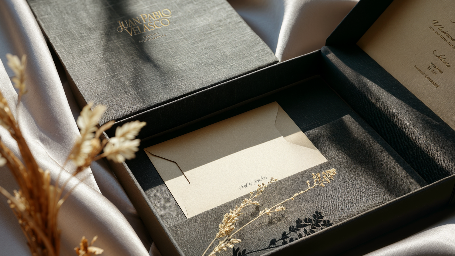 Minimalist product photography of black box with white paper and dried botanical elements.
