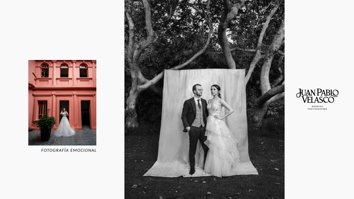 Wedding photography diptych showing pink building and outdoor portrait setup.