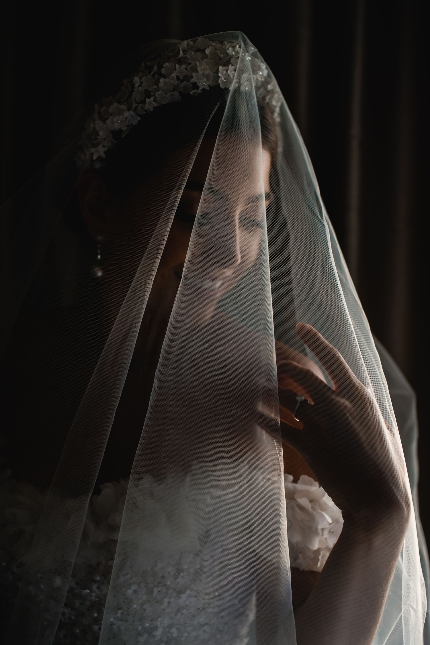 Ethereal bridal portrait through delicate veil in moody lighting.