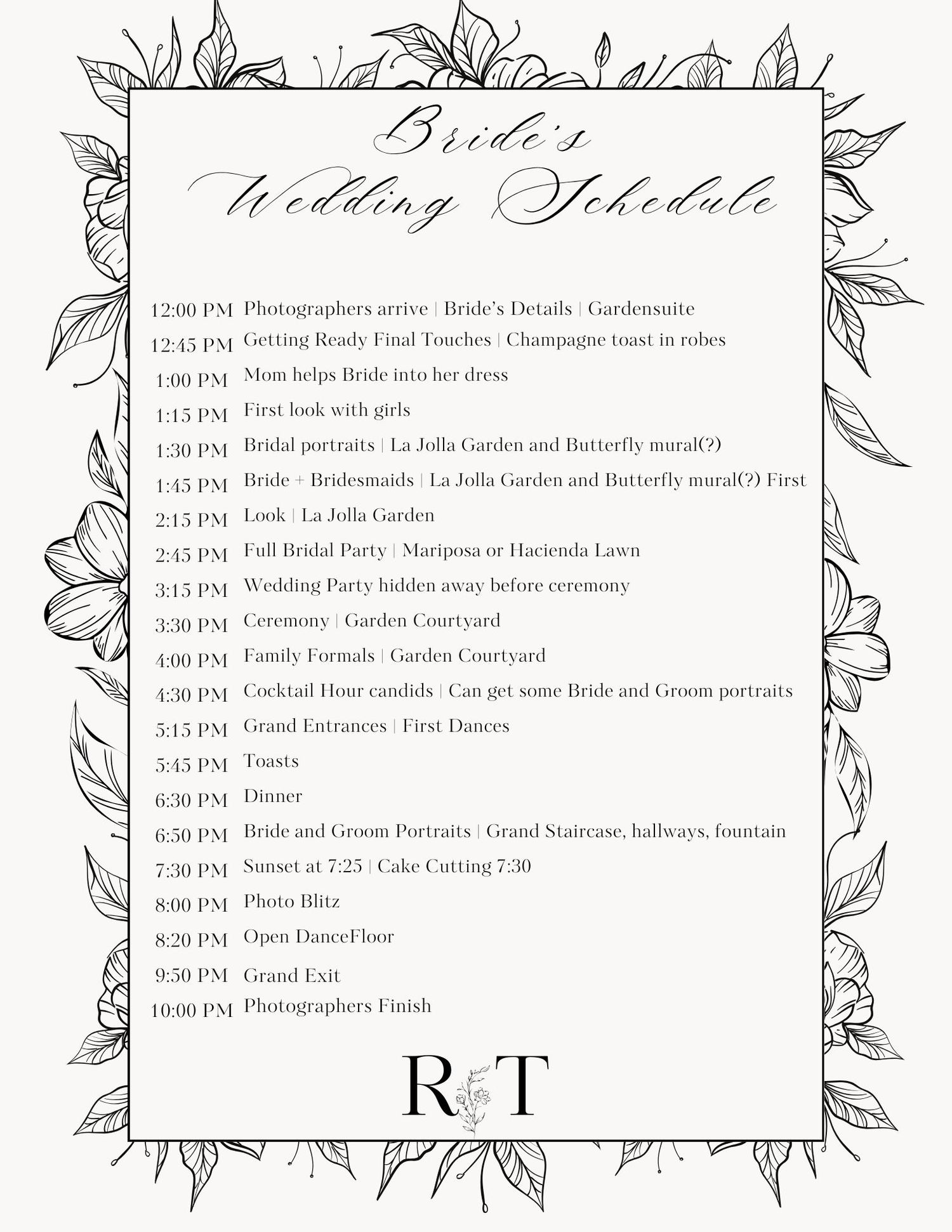 Elegant bride wedding schedule card with floral border detailing timeline from 12:00 PM to 10:00 PM.