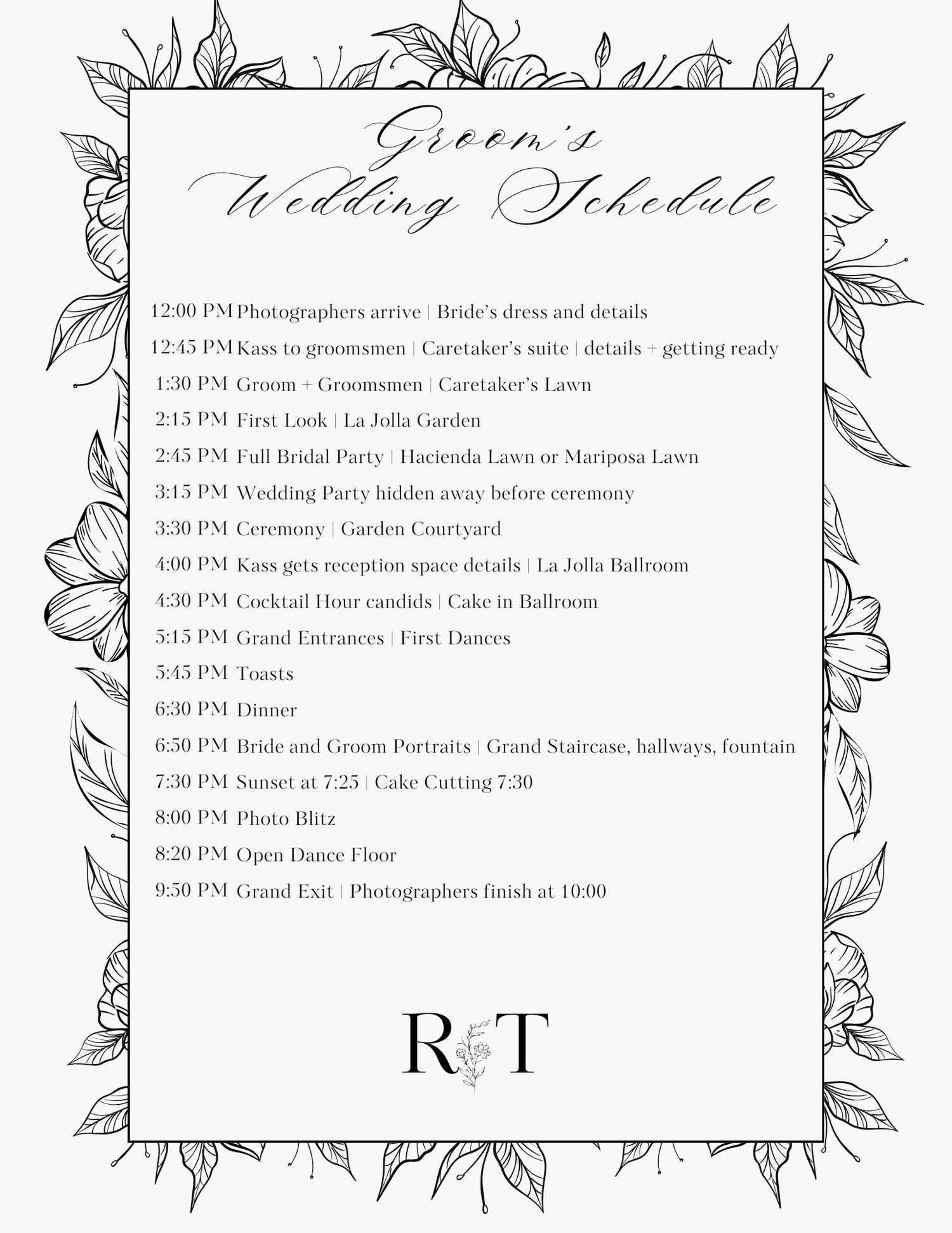 Elegant groom wedding schedule card with floral border detailing timeline from 12PM photographer arrival to 9:30PM grand exit.