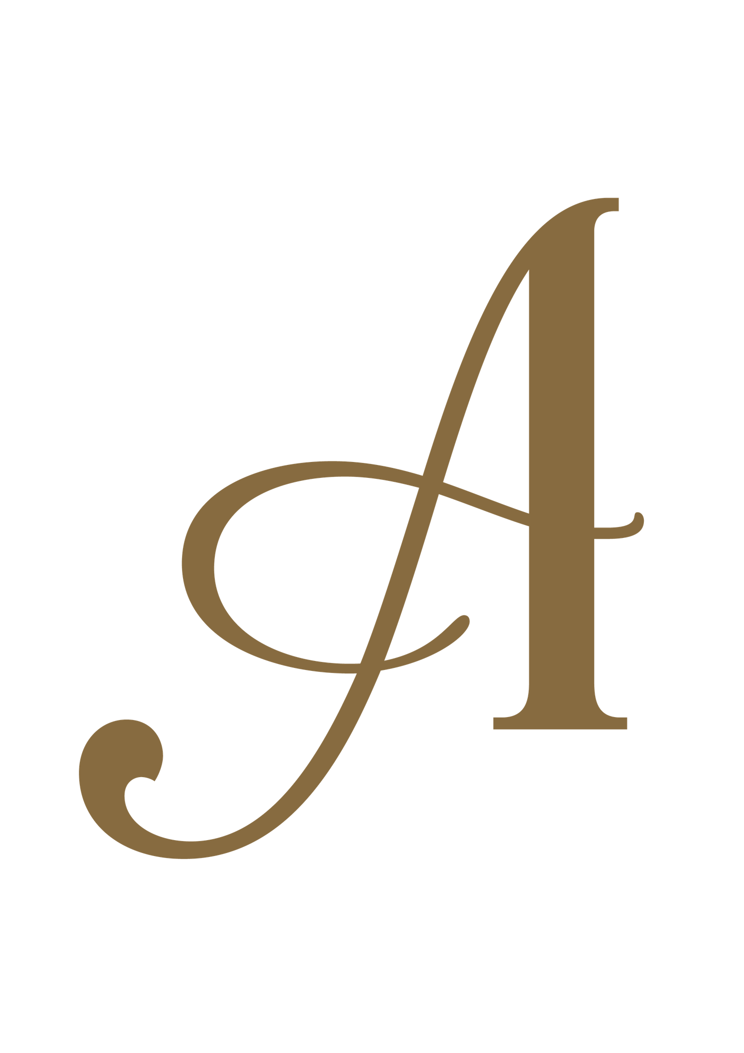 Elegant gold decorative letter A in a classic serif font with ornate calligraphic swash on white background.