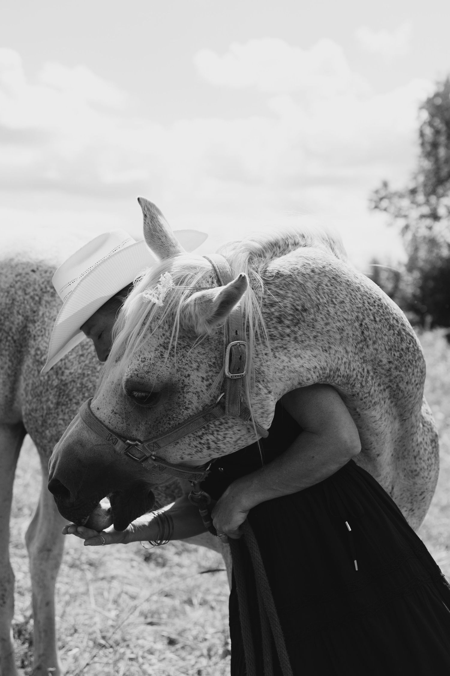 Black and white photo of a woman in a cowboy hat tenderly embracing a dappled gray horse in an open field.