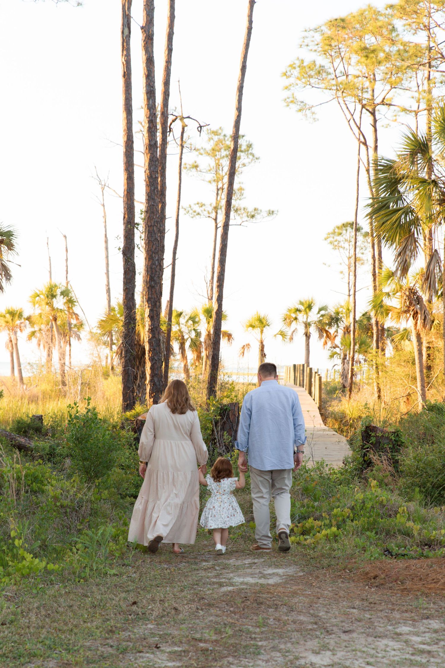 Family walking together on a scenic path through pine trees and palm trees at sunset.