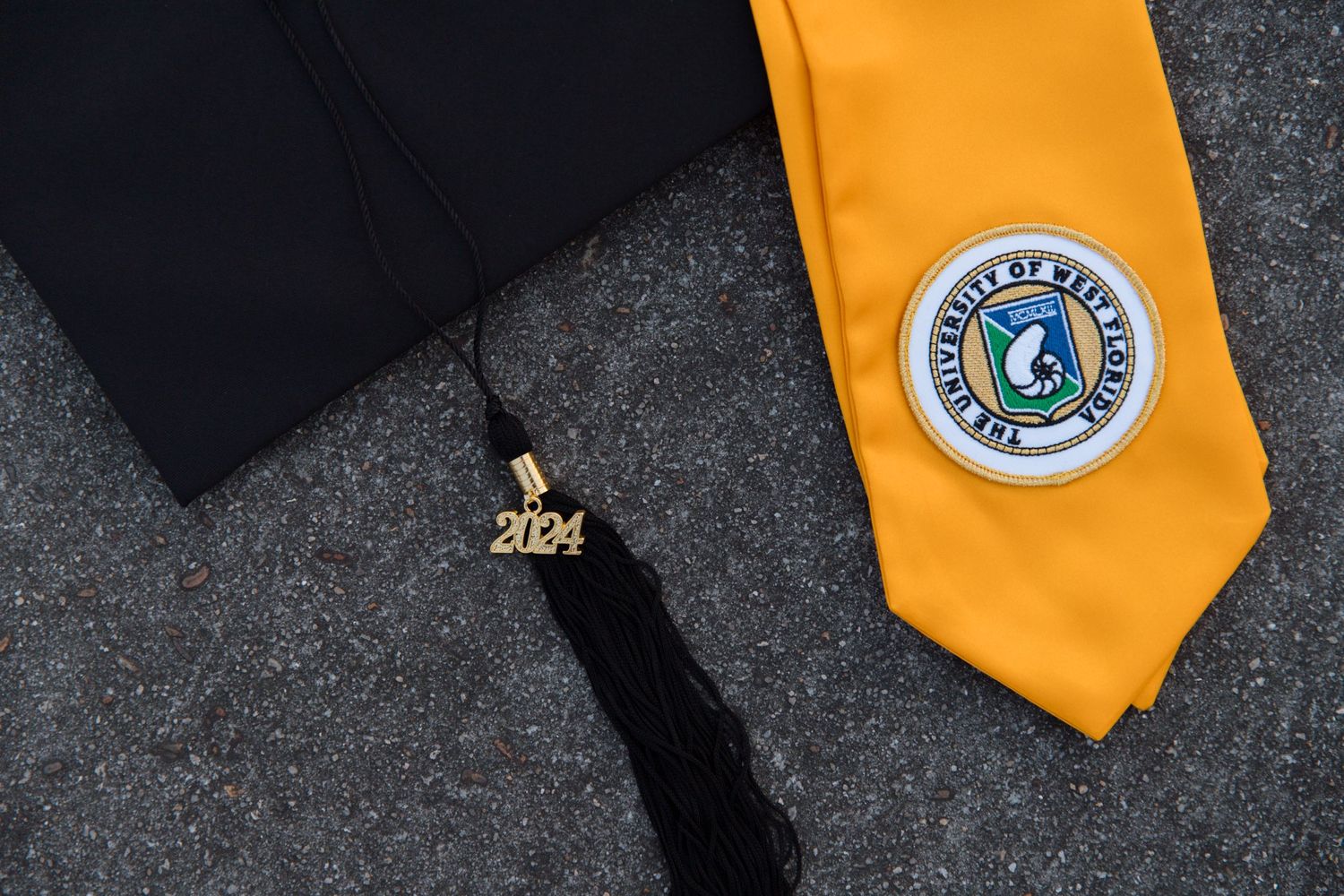 Graduation accessories including black tassel, gold 2024 charm, and yellow stole with emblem.