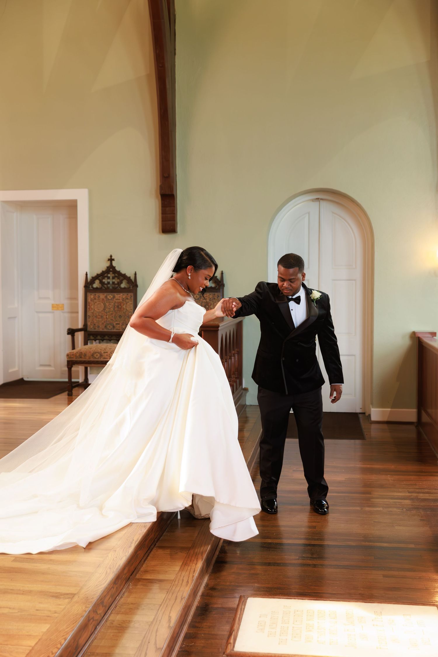 A sequence of wedding photos showing a couple performing a dramatic dip dance move on a hardwood floor.