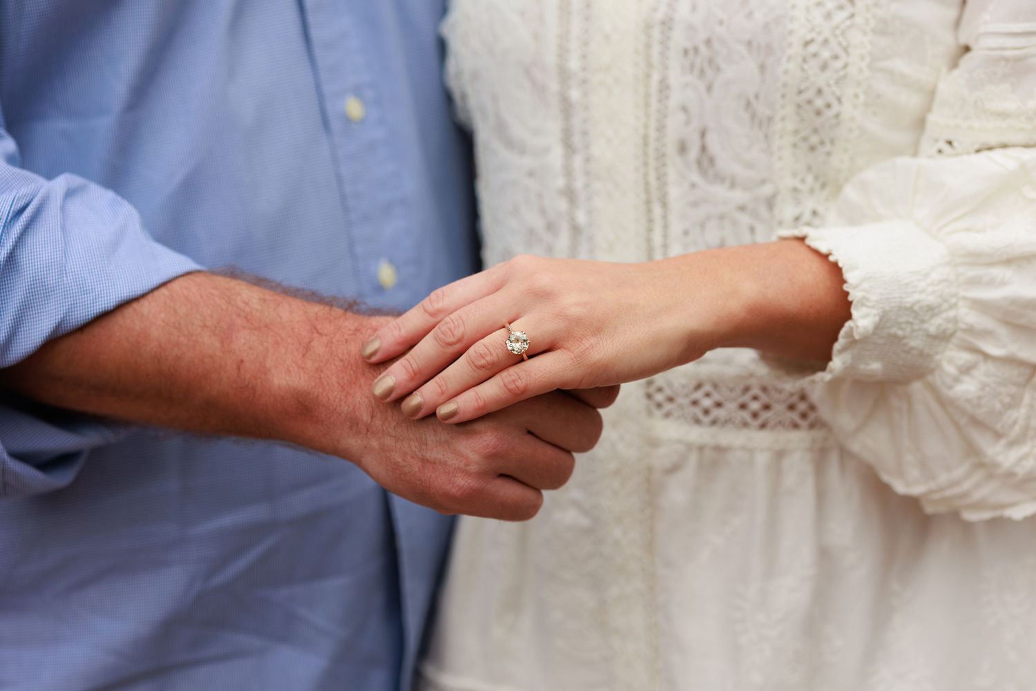 Close up view of two hands clasped together, one wearing a white lace dress sleeve and one in a blue shirt sleeve.