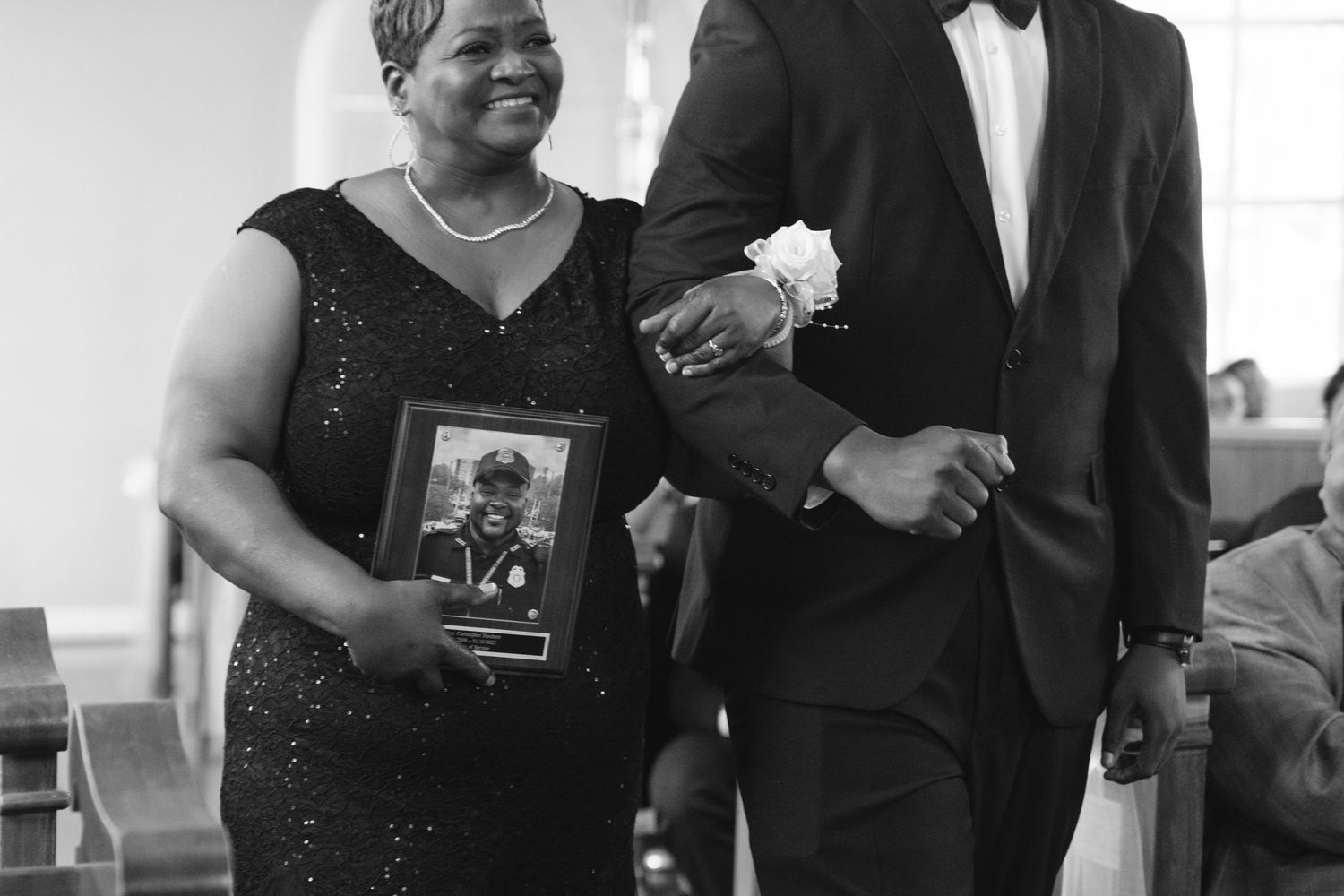 A series of black and white photos showing couples dancing and socializing at a formal event.