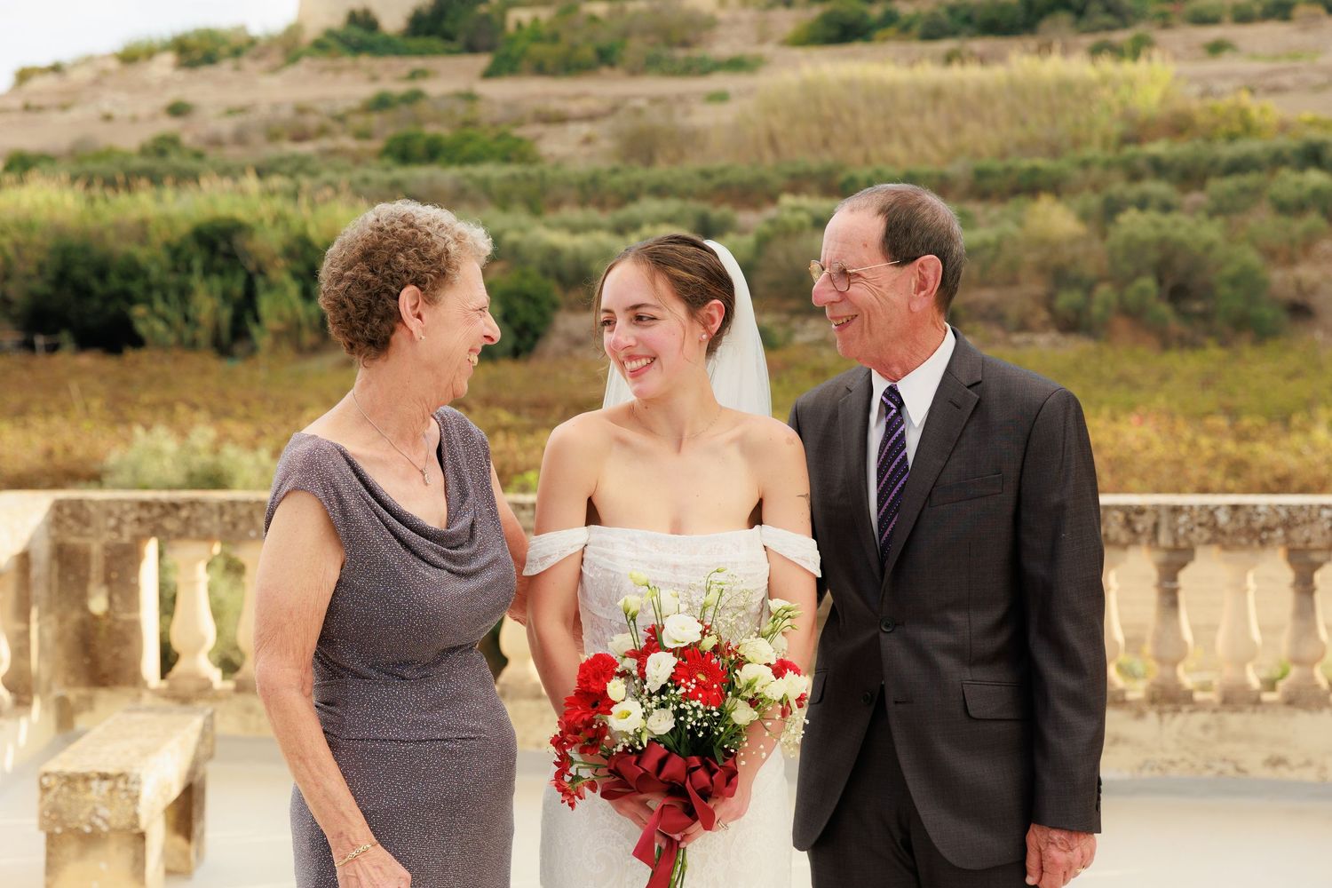 Outdoor wedding ceremony with bridal party wearing gray and burgundy against a scenic landscape backdrop.