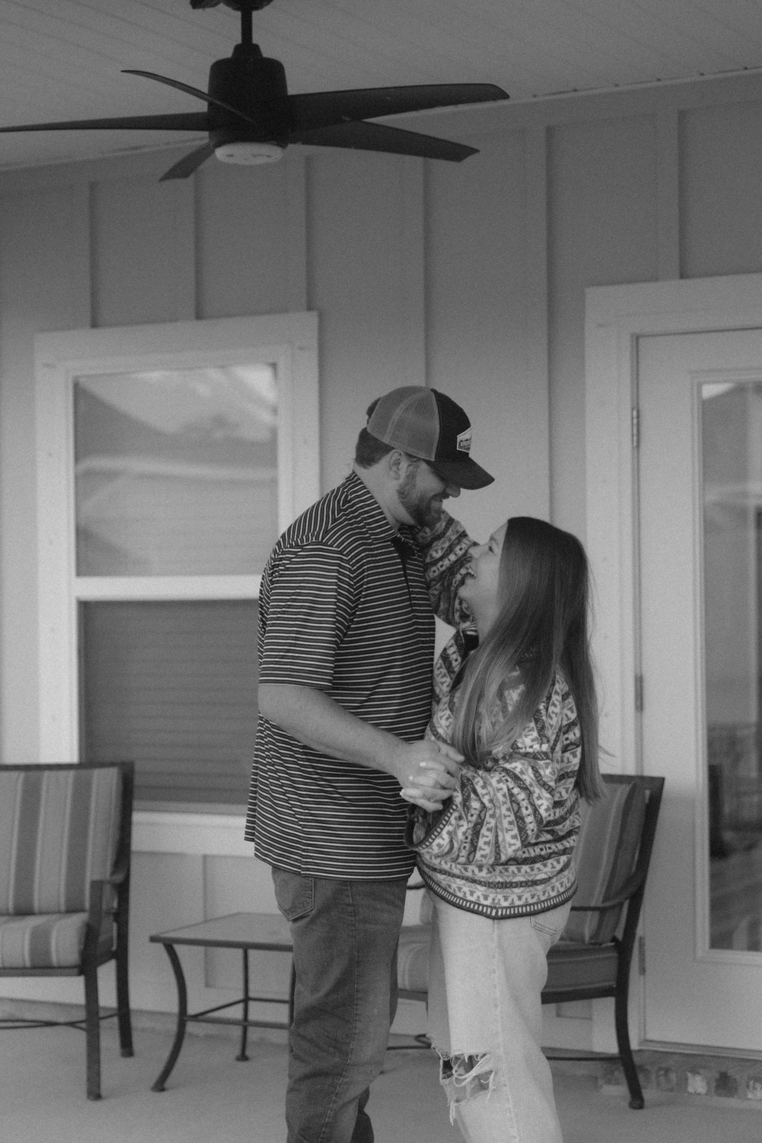 A series of black and white photos showing a couple dancing together on a porch.