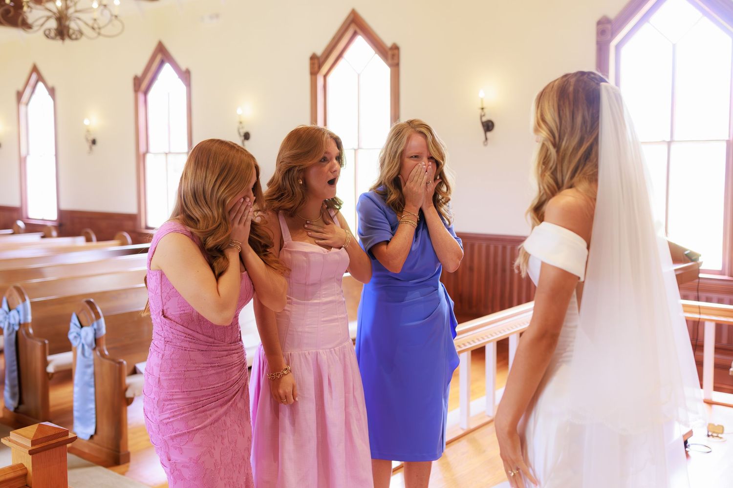 A montage of wedding party photos showing reactions and emotional moments during a bridal celebration.