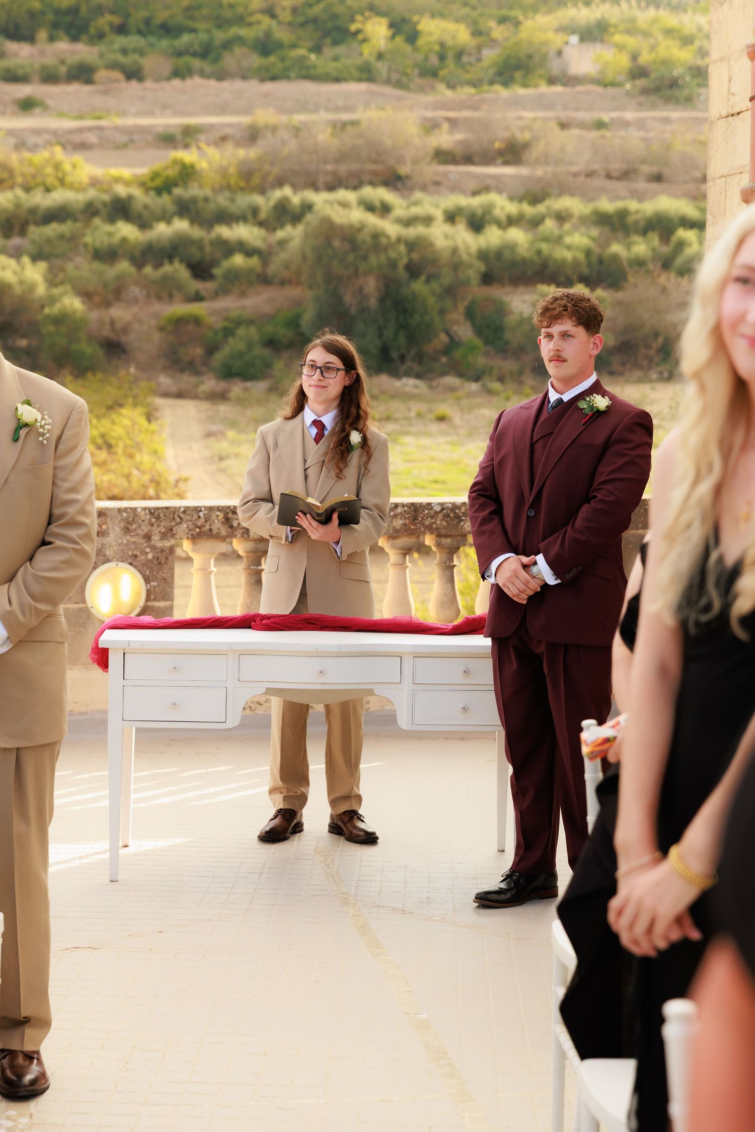 Wedding party members stand in line on an outdoor terrace overlooking a scenic natural landscape at sunset.