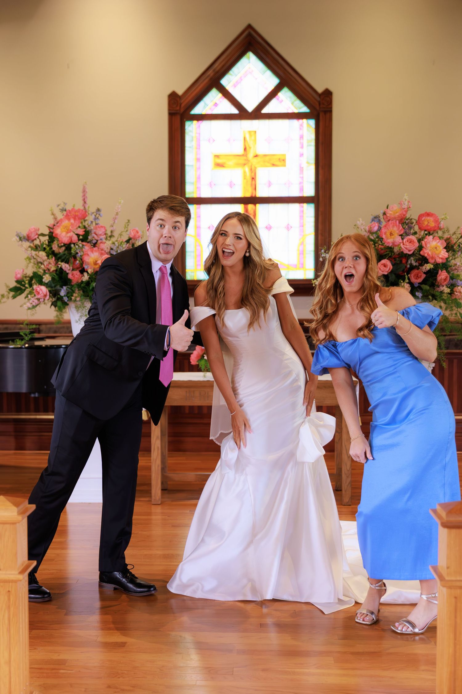 Fun sequence of wedding party members in a church taking silly posed photos showing playful interactions.