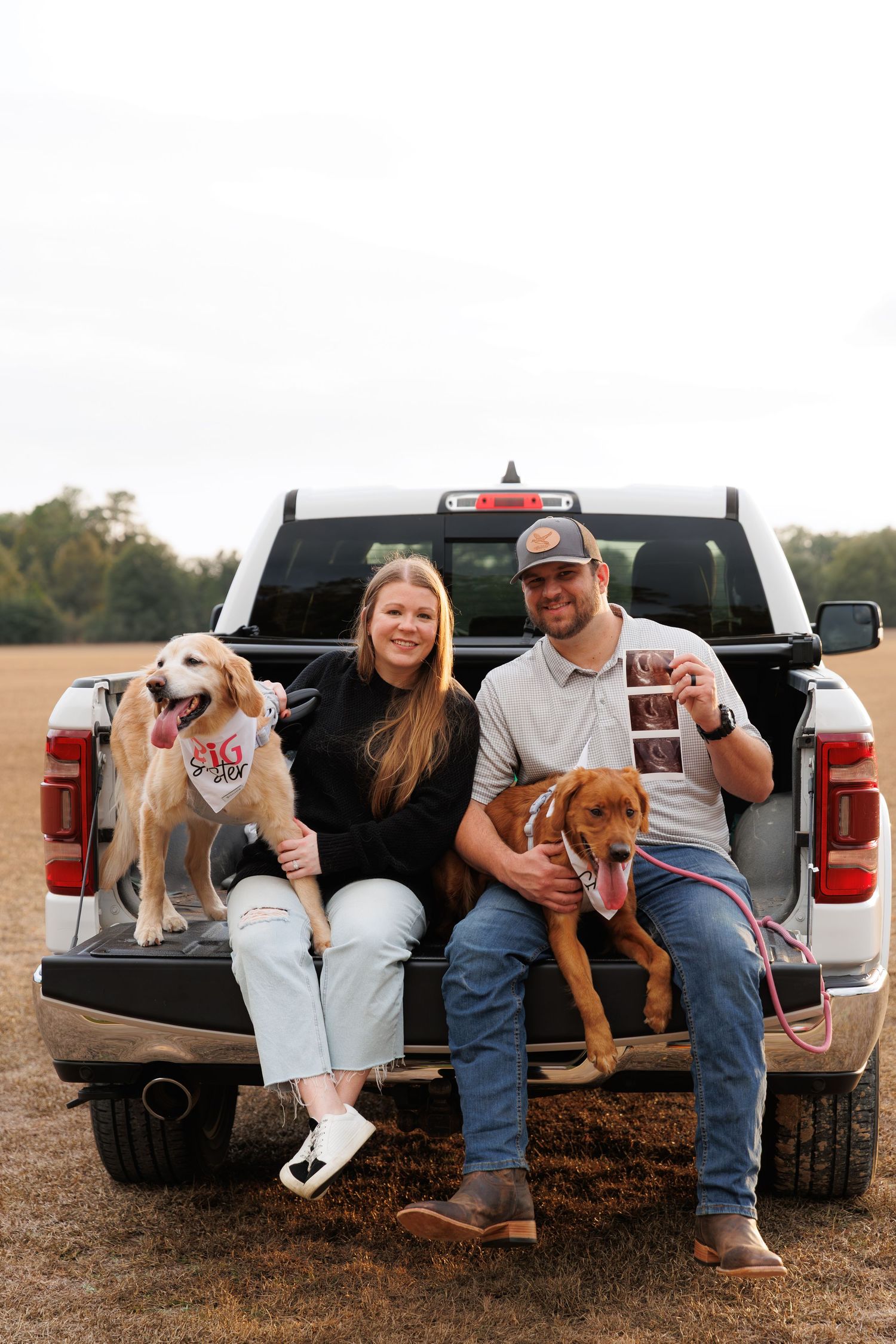 A couple sits in the back of a pickup truck with their dogs, creating a casual family portrait.