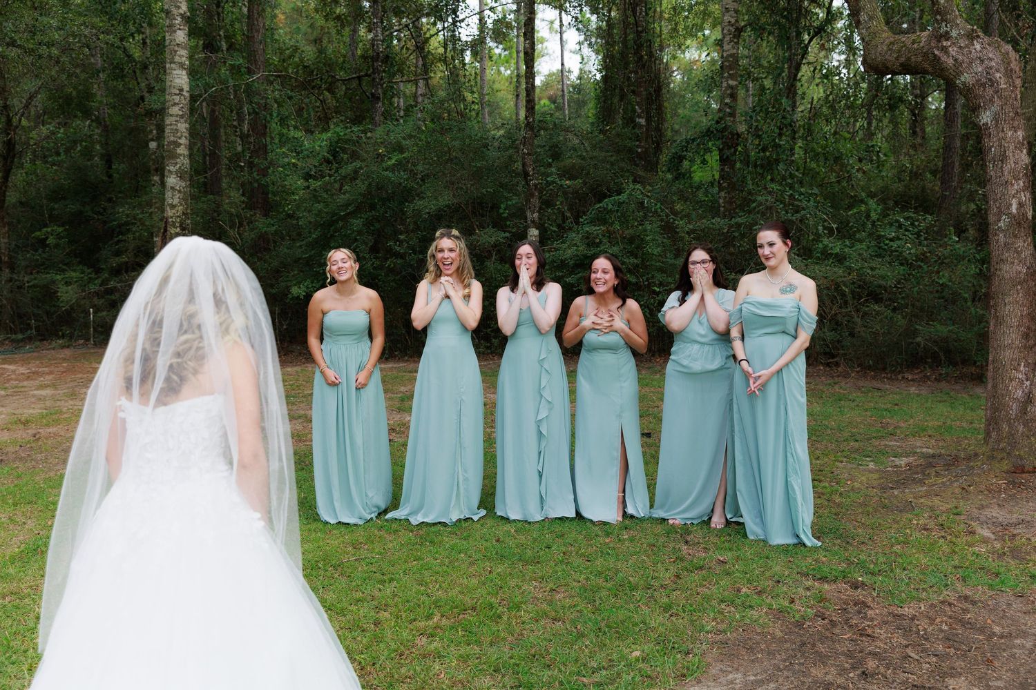Wedding party wearing light blue bridesmaid dresses poses together in a forest setting.