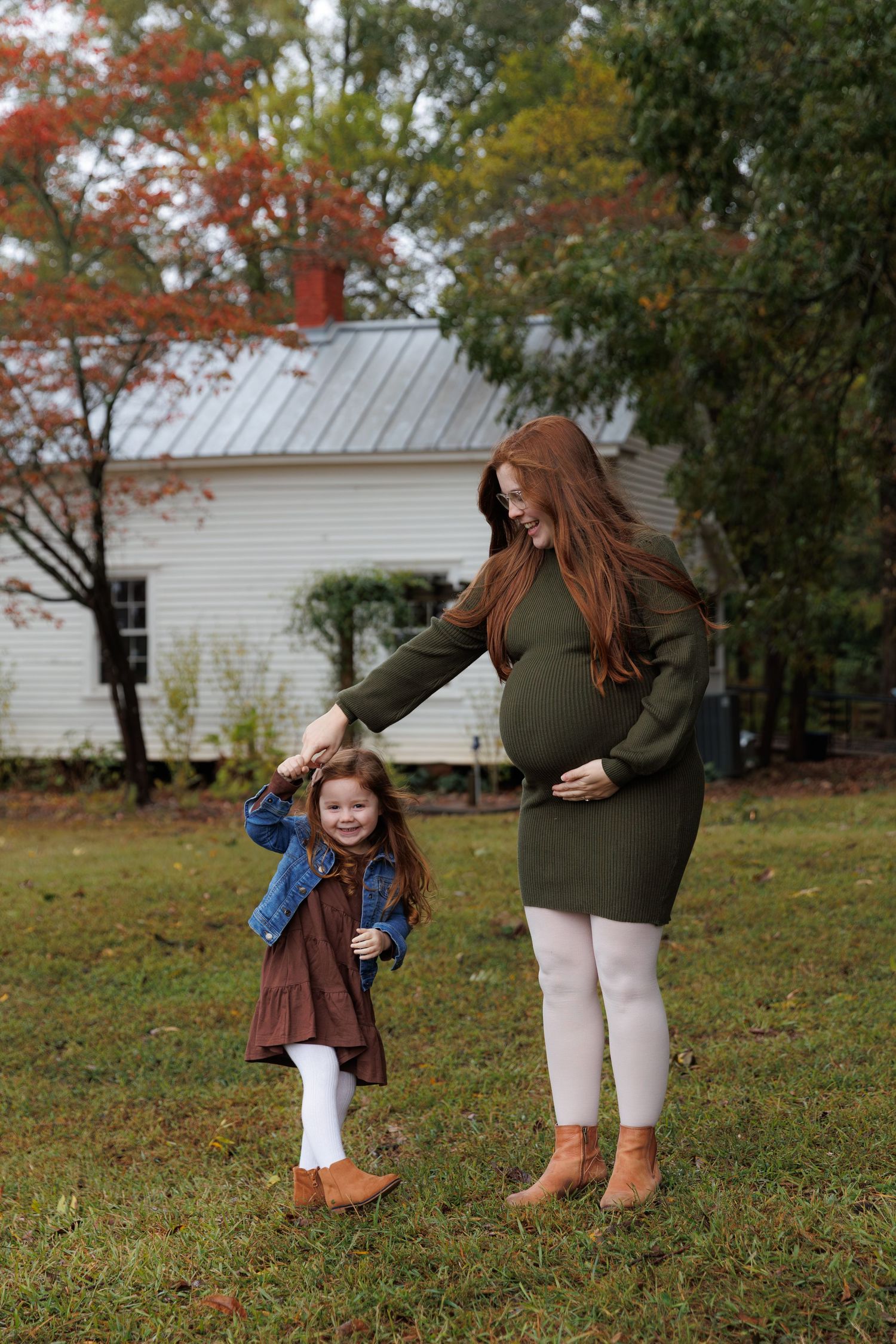 A playful sequence of fall photos showing a heartwarming interaction between two people in a grassy outdoor setting.