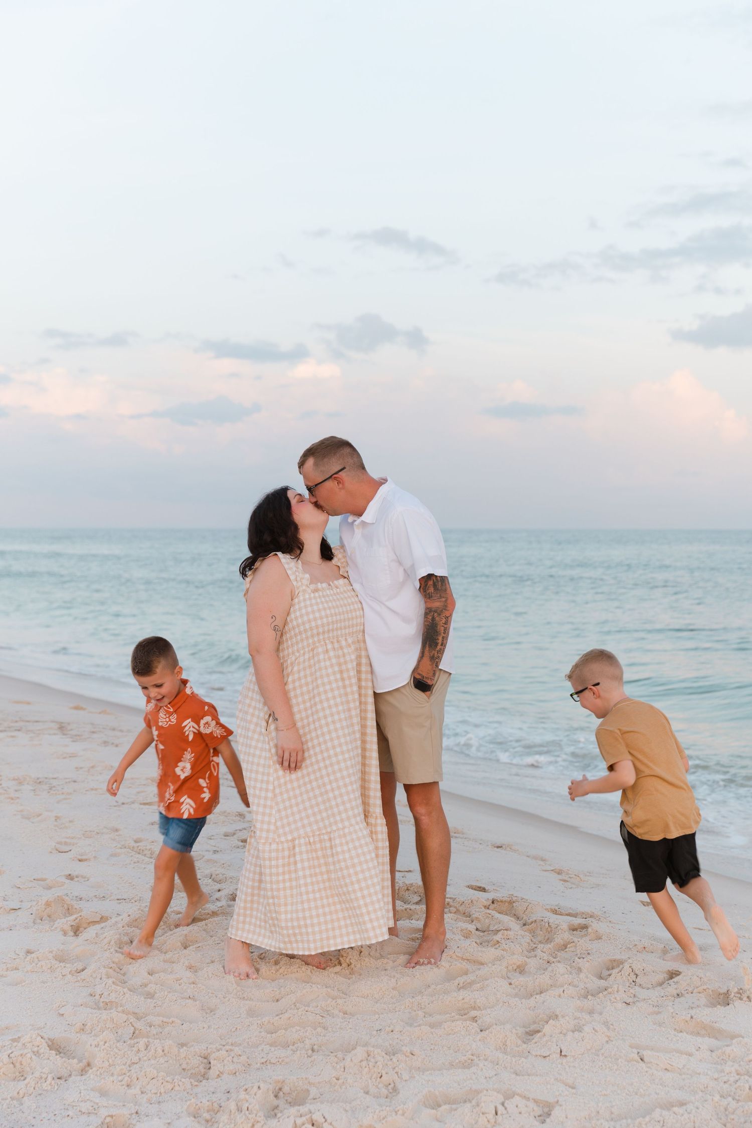 Candid family moments captured in a series of beach photos during golden hour.