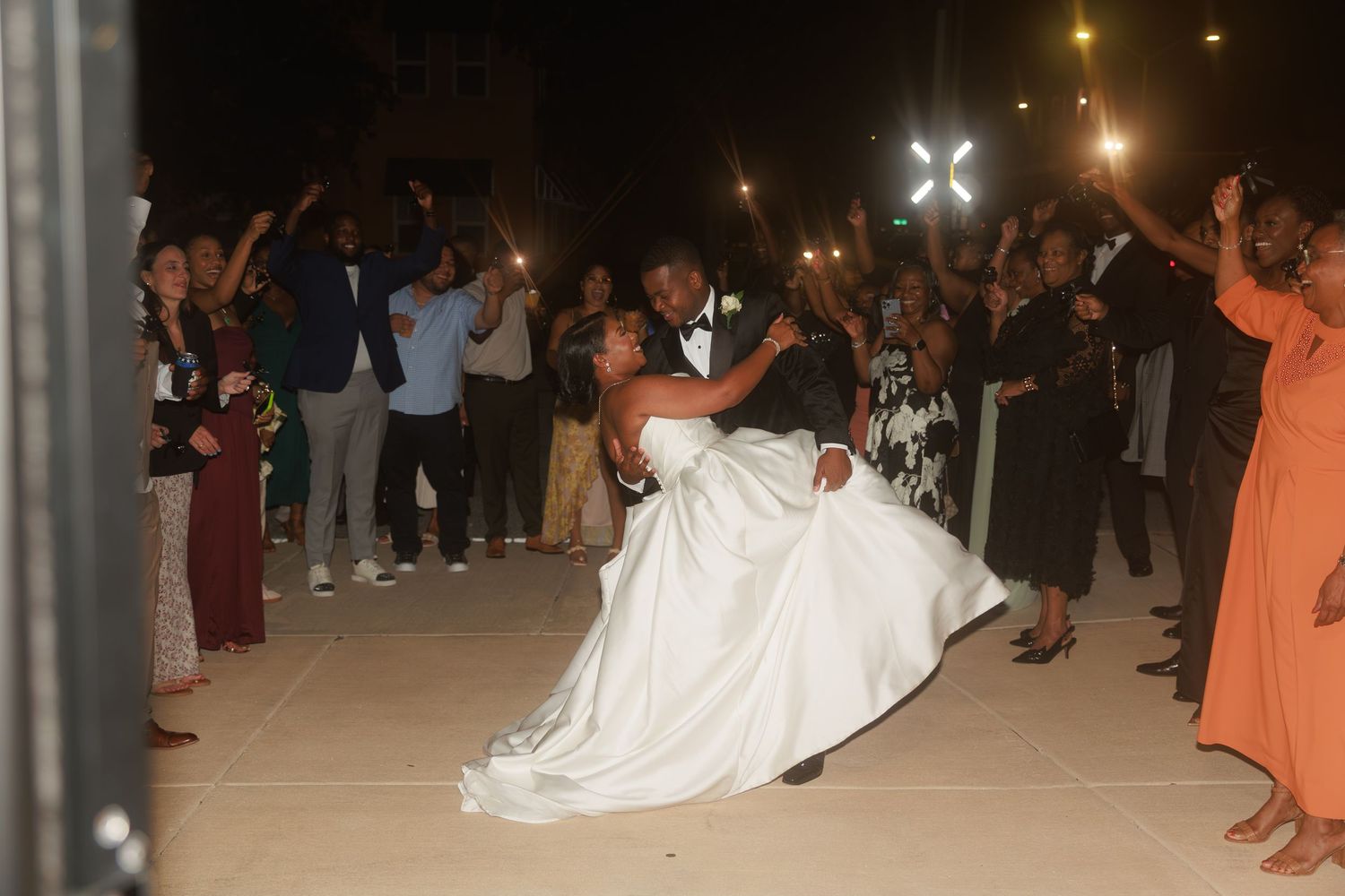 A series of wedding reception dance floor photos showing guests celebrating and dancing at night.