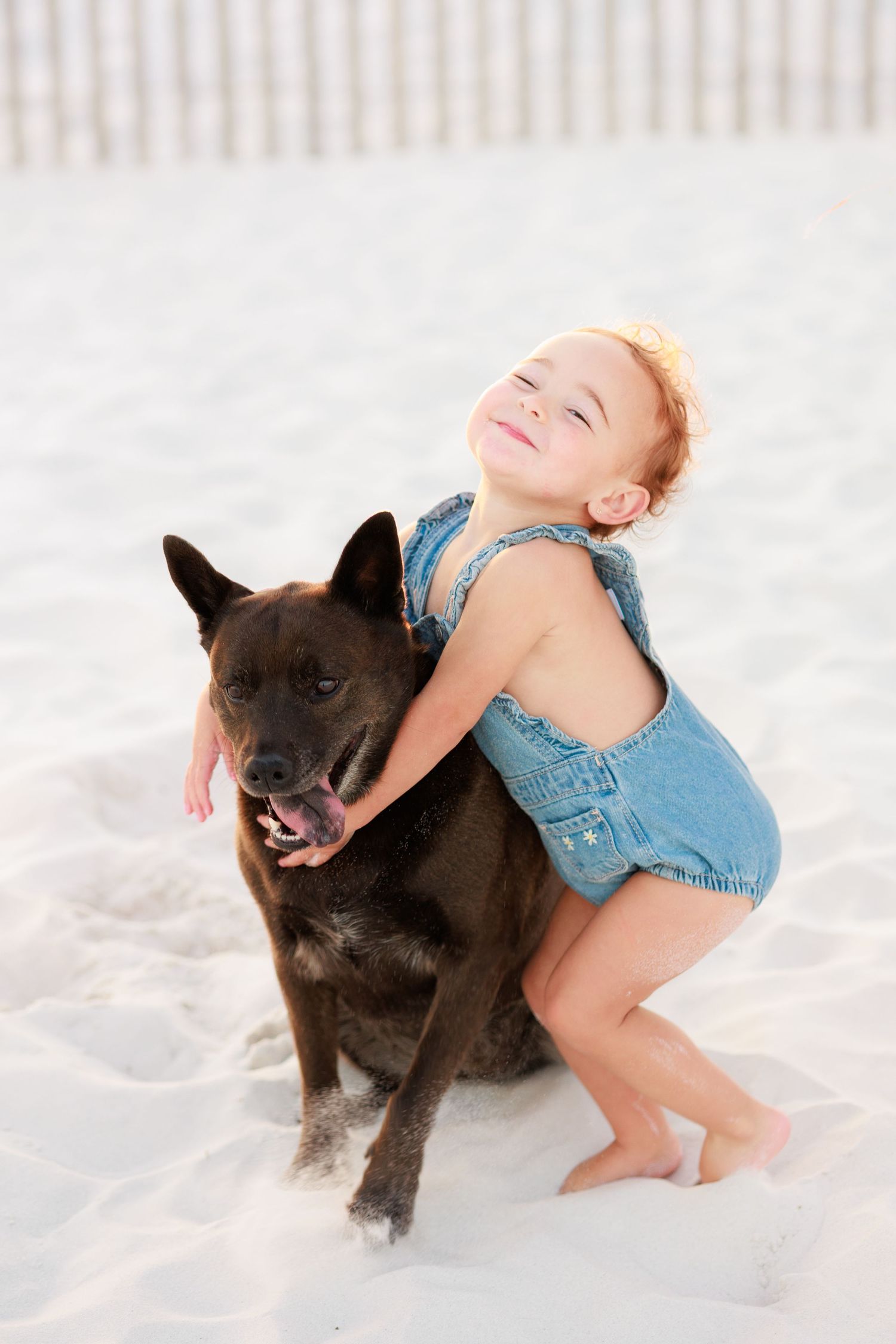 A joyful toddler in denim romper hugs a dark brown dog on white sand beach, laughing with eyes closed.