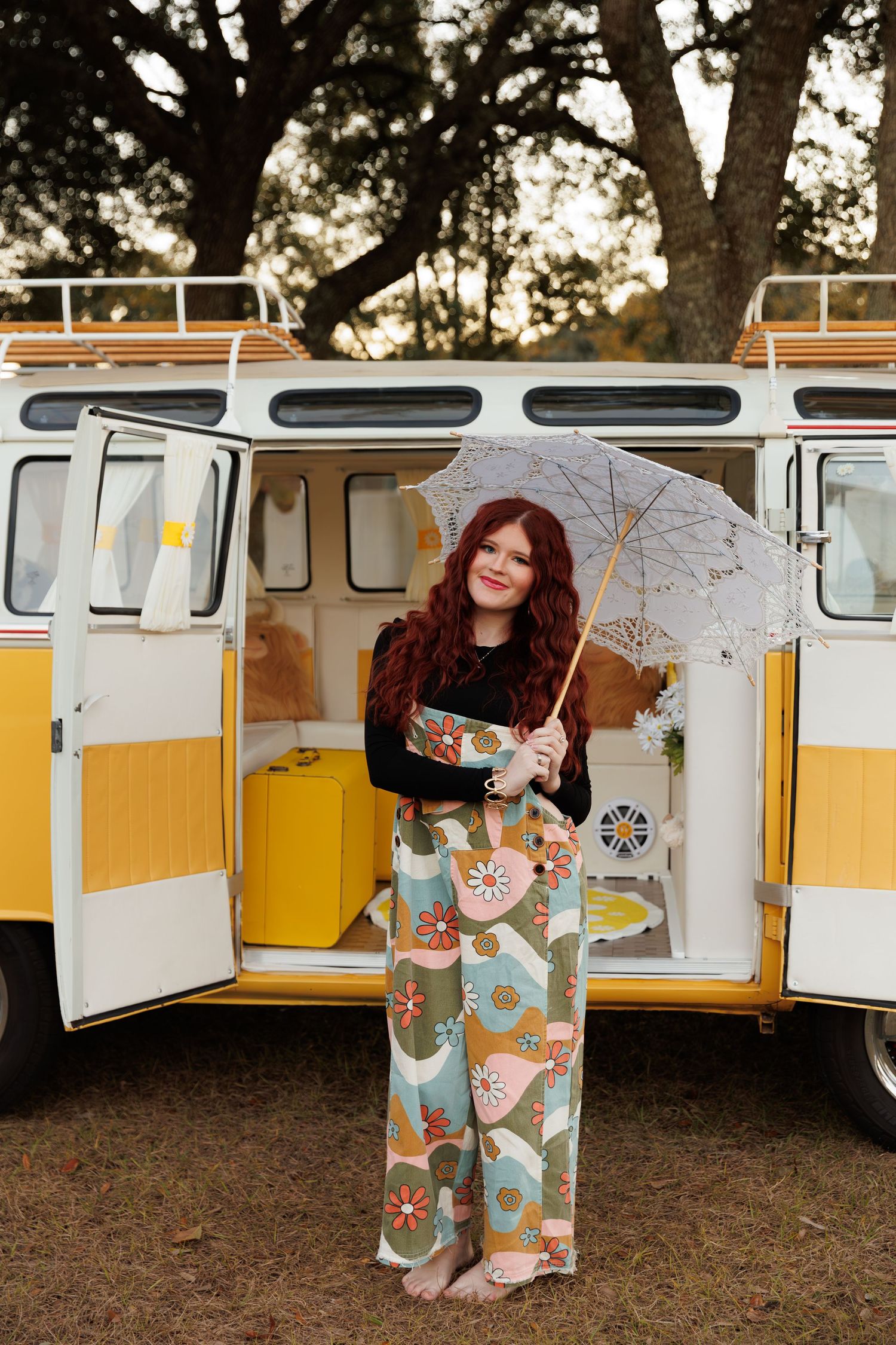 A whimsical scene with sunflowers against a retro yellow and white van backdrop.