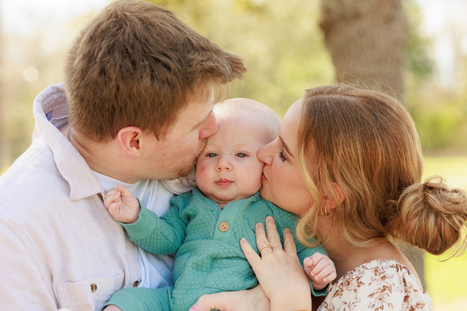 A sweet series of candid family moments showing affection and connection outdoors in natural lighting.