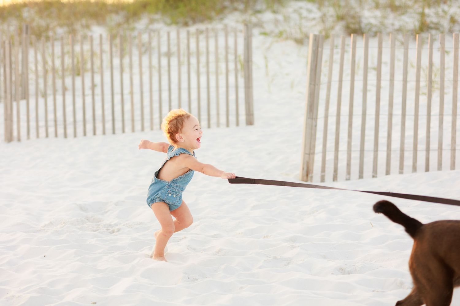 A joyful toddler in a blue swimsuit runs on a sandy beach while holding a dog leash near a wooden fence.