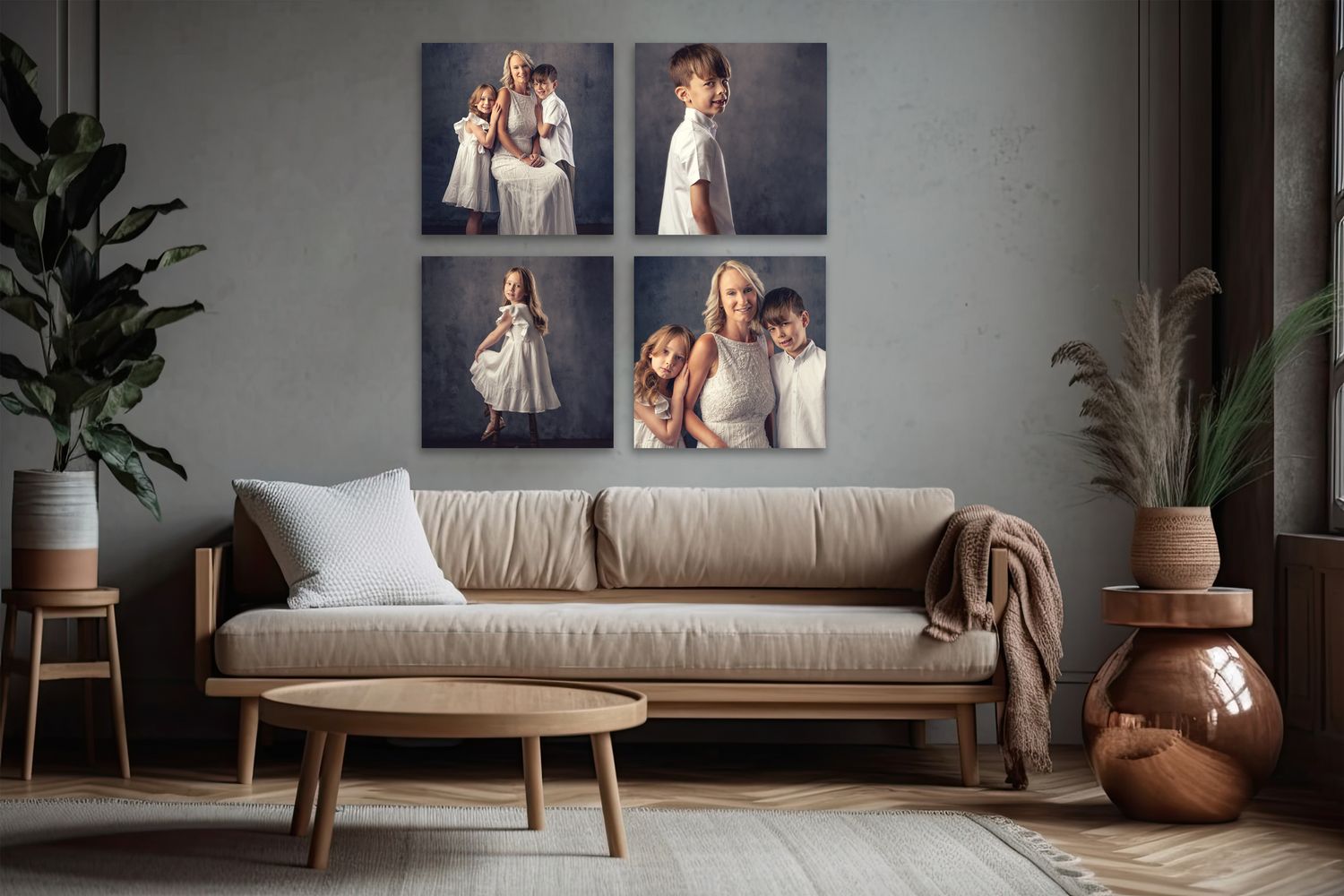 4 square prints arrange in a square collection in a modern living room space