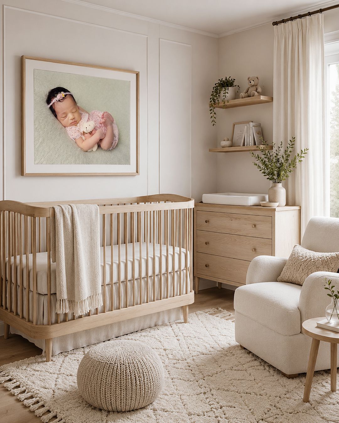 Serene neutral nursery with wooden crib, white glider, dresser, knit pouf, and framed newborn portrait above crib.