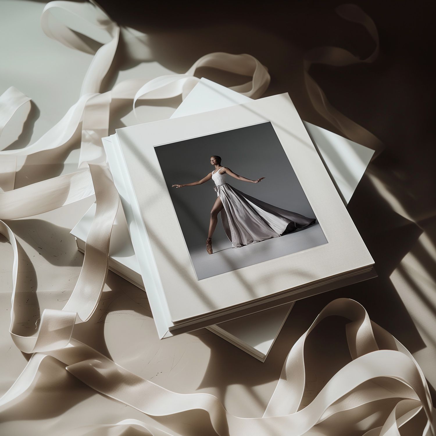 Artistic abstract paper sculpture with white folded shapes and shadows creating a dynamic geometric composition.