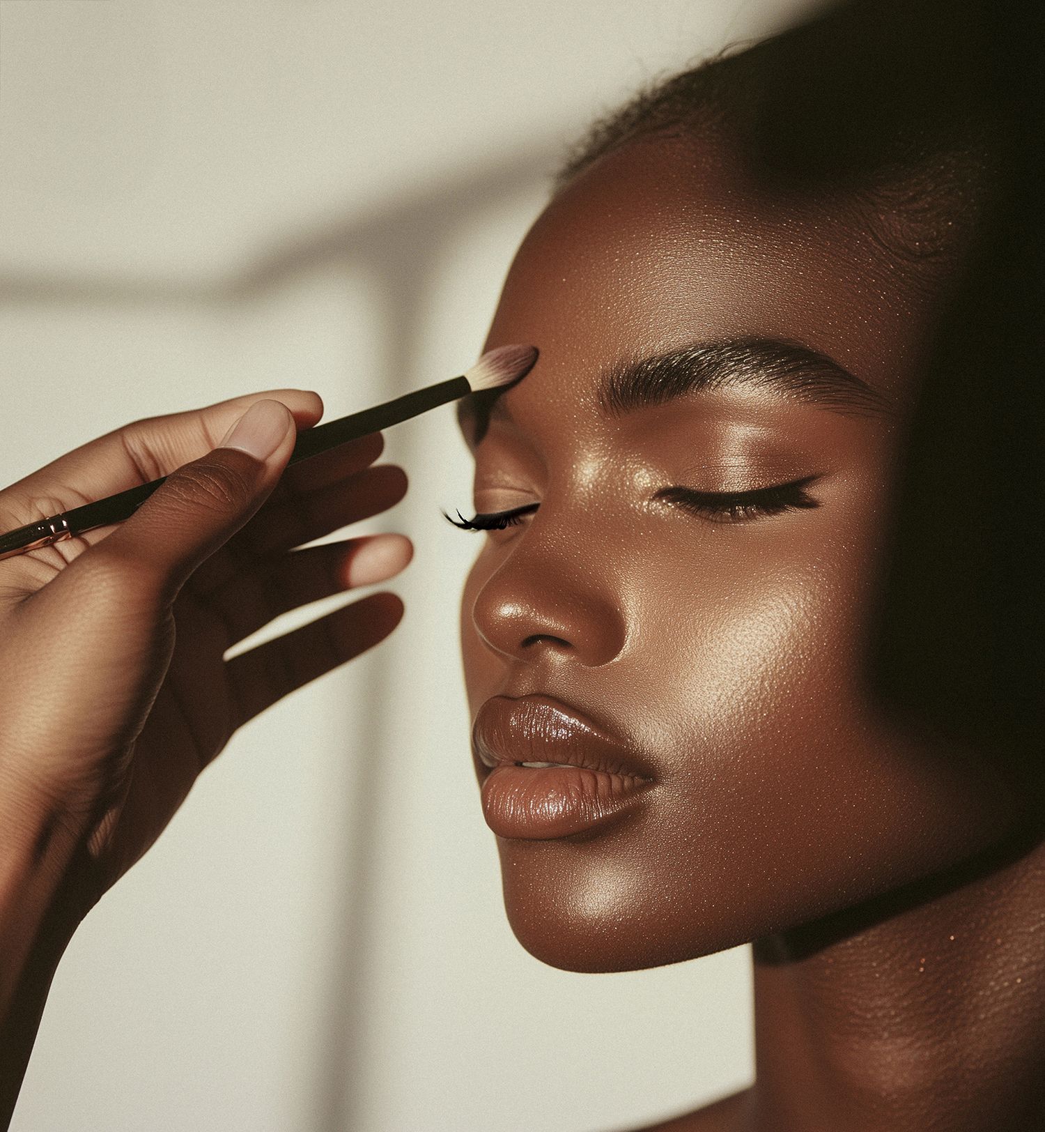 A series of artistic beauty portraits showing dark skin in dramatic lighting with hands casting shadows on the face.