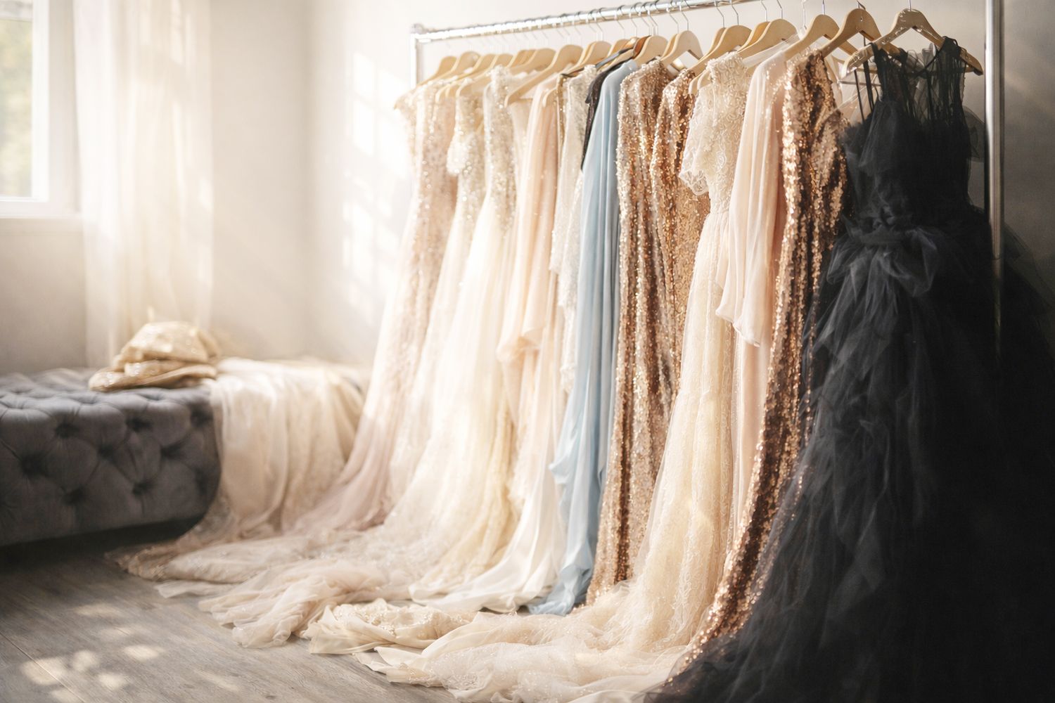 A rack of elegant formal dresses in soft pastel colors and flowing fabrics hangs in a sunlit room.