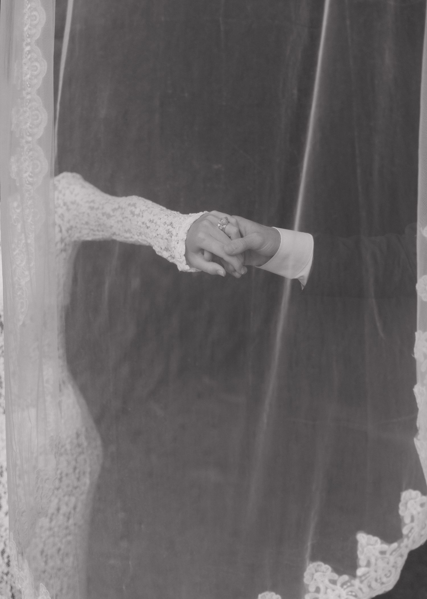 Black and white portrait of a bride and groom hands holding each others behind a hanging lace veil.