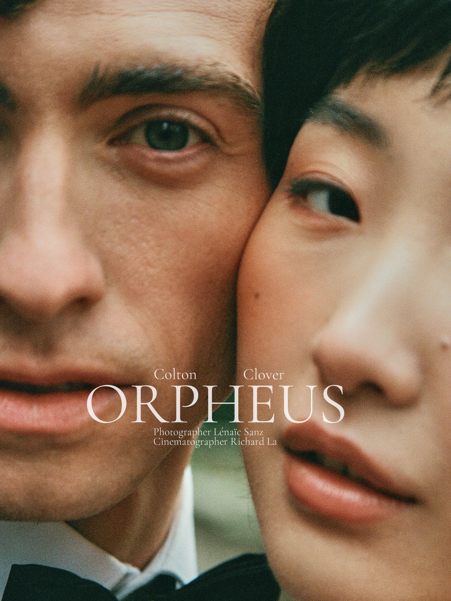 Close-up portrait for Orpheus film promotion showing two faces in intimate composition.