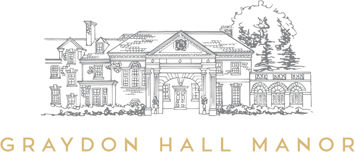 Line drawing of a grand manor house with text reading Graydon Hall Manor underneath.