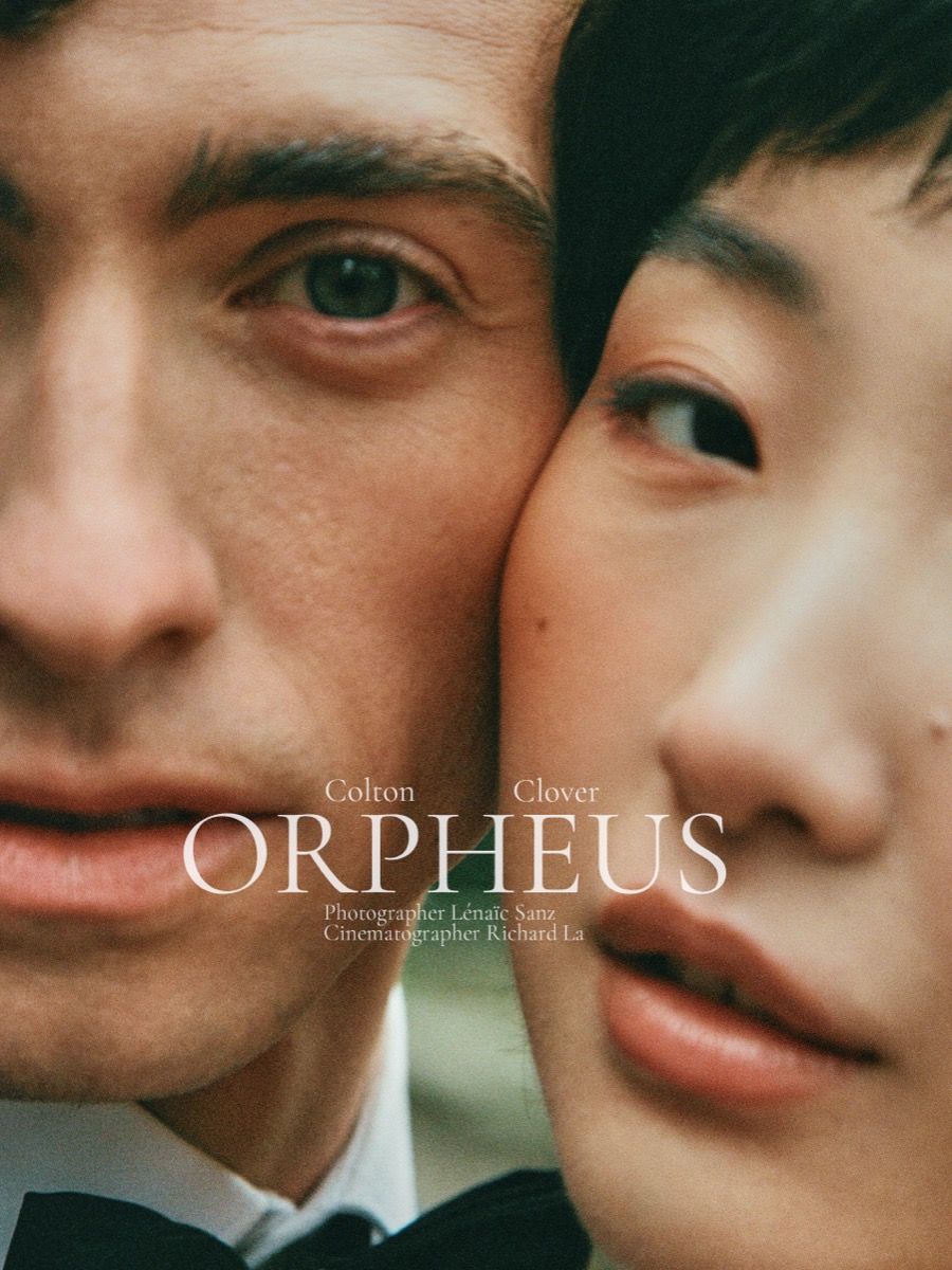 A close-up movie poster for 'Orpheus' showing two faces in intimate proximity.