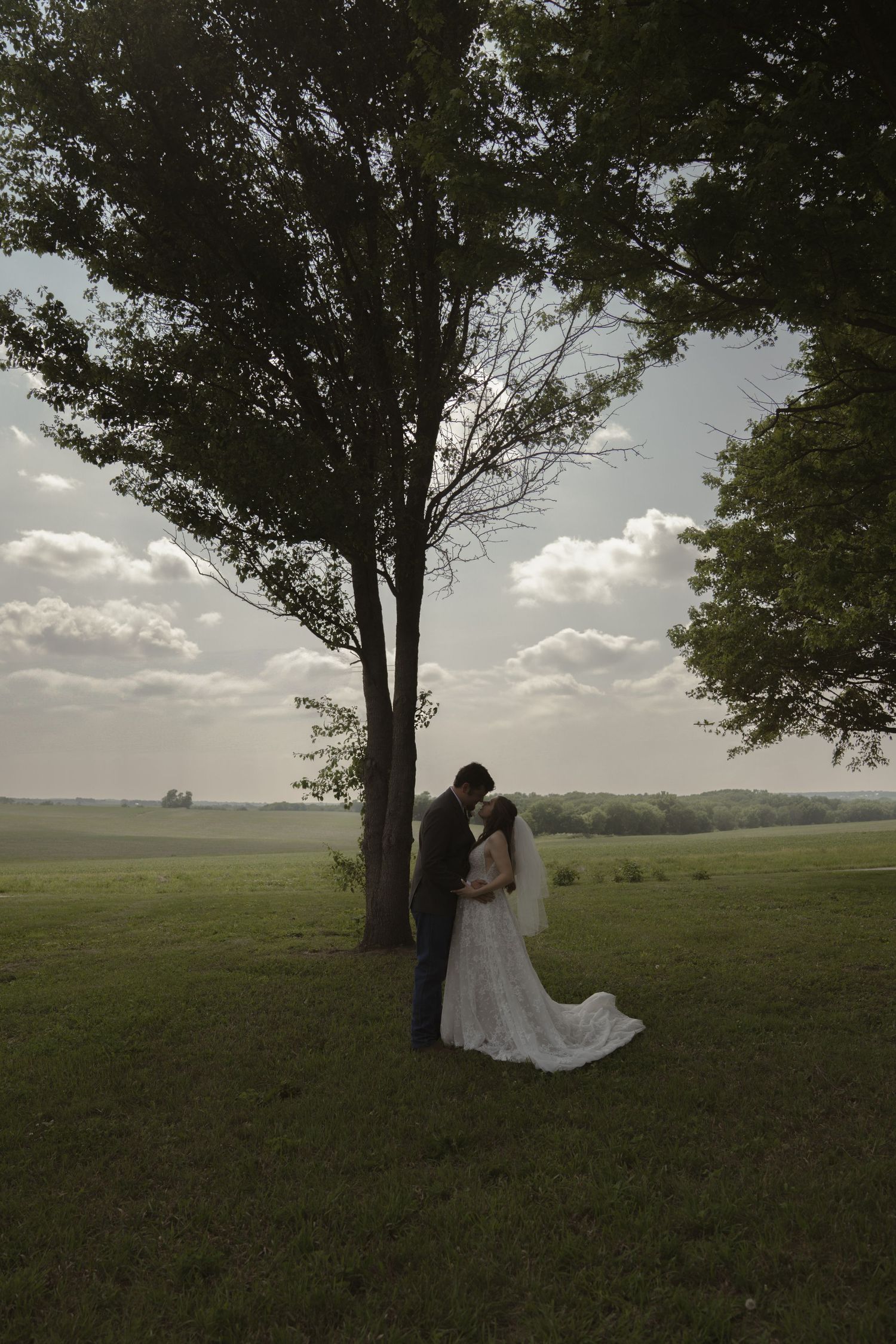 A couple embraces under a tree in a scenic field with cloudy skies.
