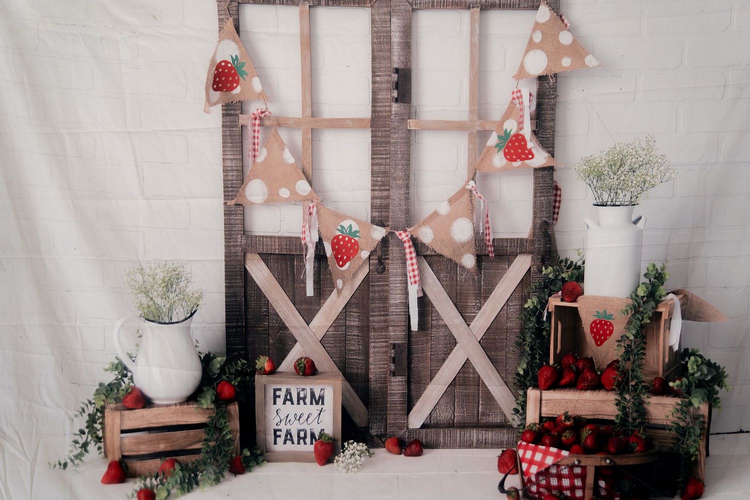 Rustic farmhouse backdrop with wooden window frames and red decorative elements.
