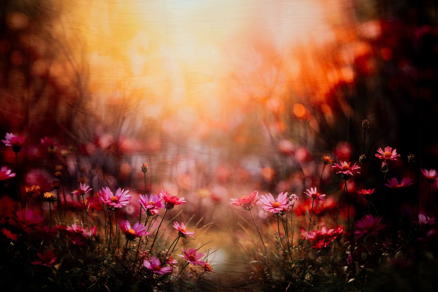 Dreamy sunset background with silhouetted pink flowers creating a romantic atmosphere.