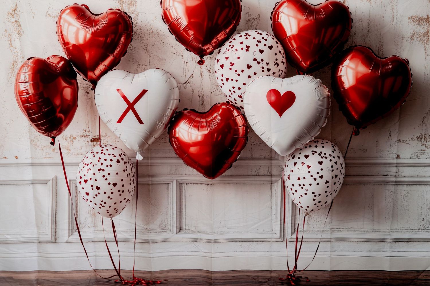 Red and white heart-shaped balloons arranged against a white wall for Valentine's Day decor.