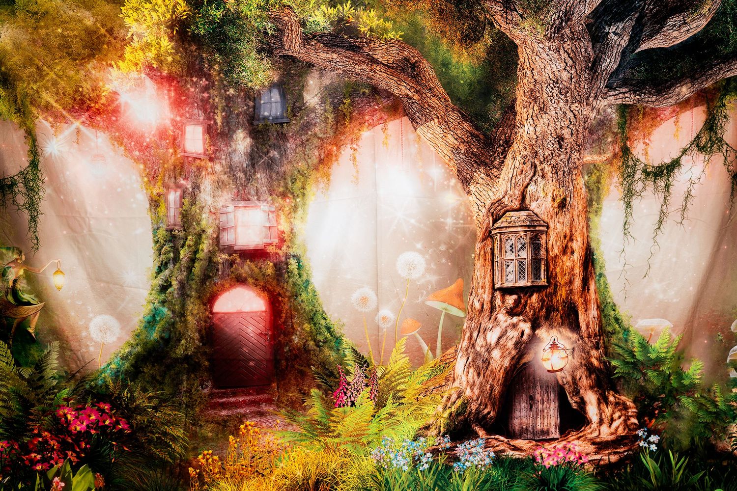 Enchanted forest backdrop with magical lighting and fantasy elements.